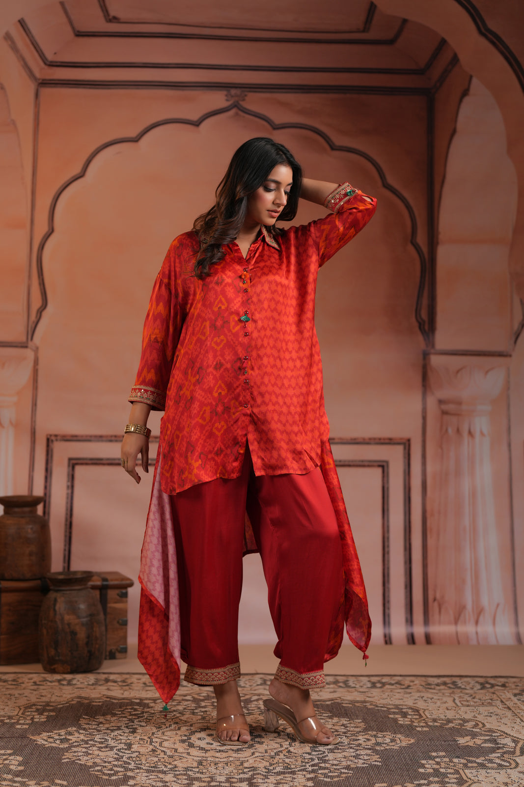 Red Satin Crepe High-Low Collared Printed Shirt And Plain Pant