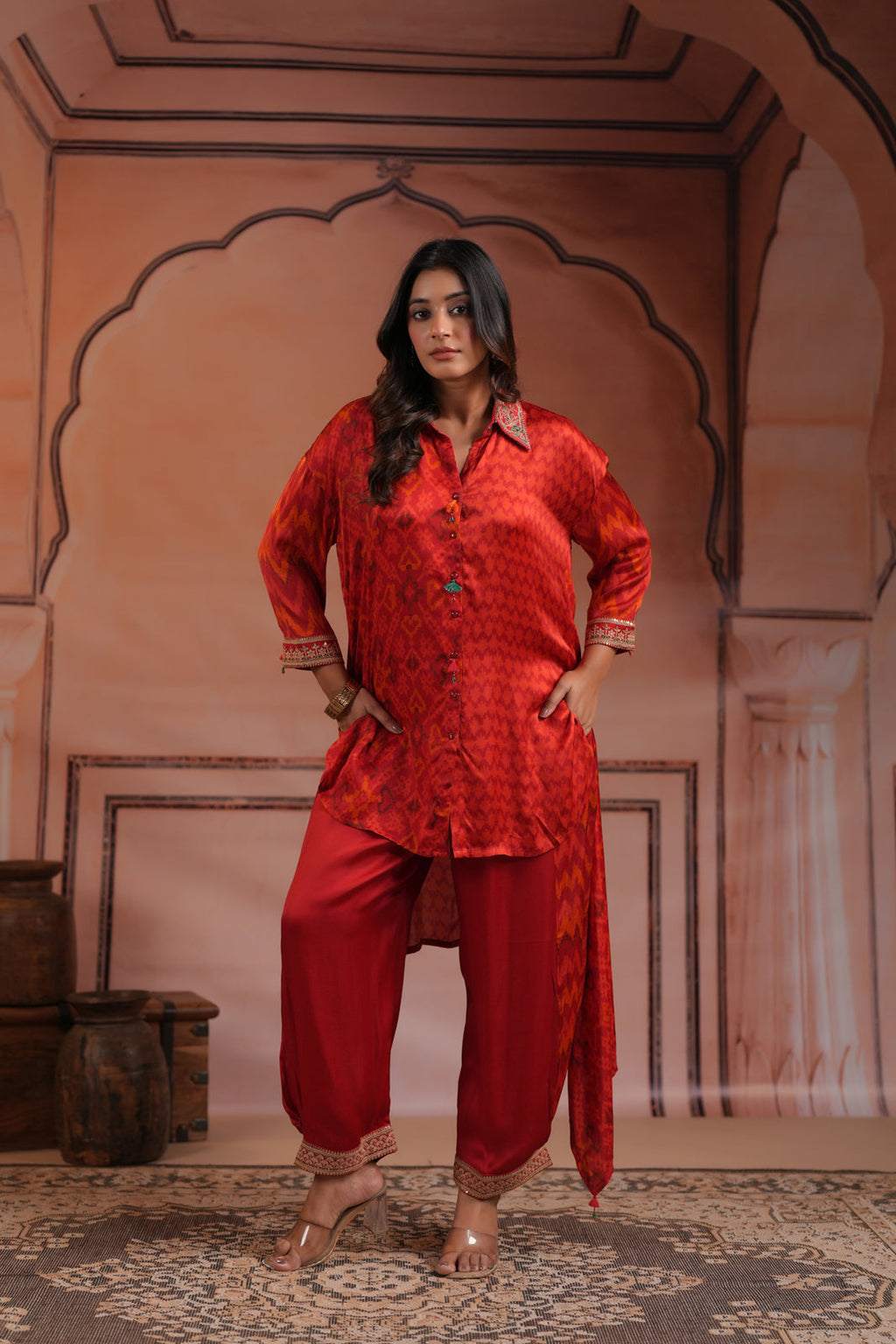 Red Satin Crepe High-Low Collared Printed Shirt And Plain Pant