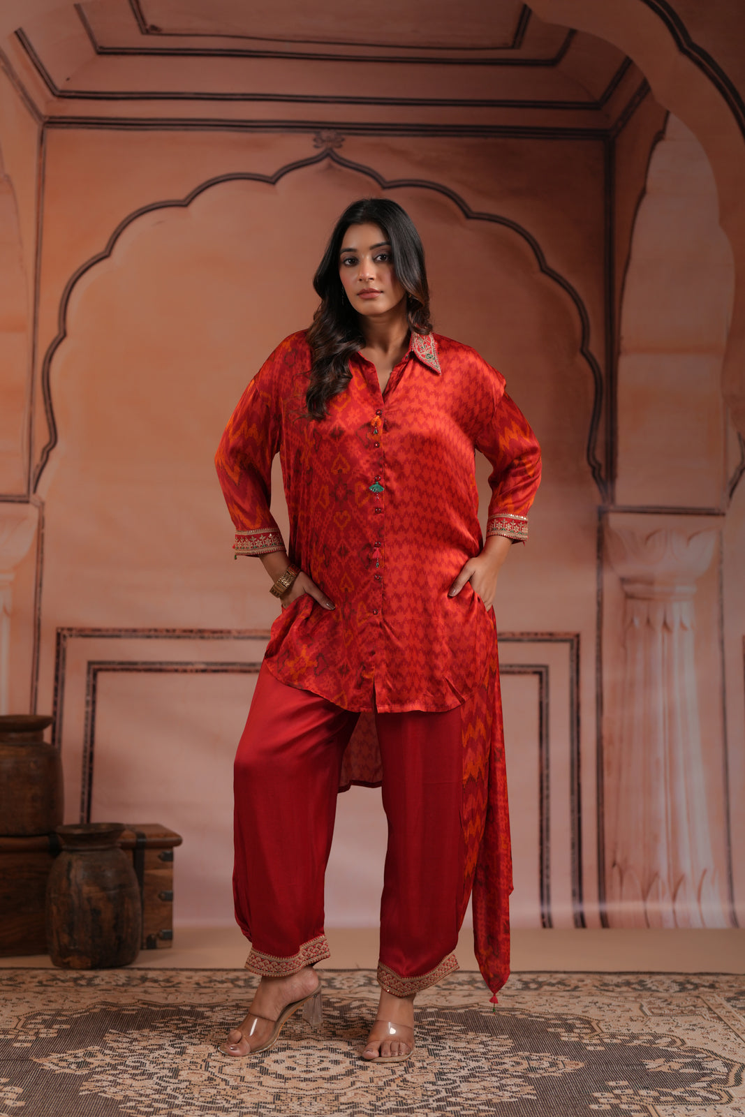 Red Satin Crepe High-Low Collared Printed Shirt And Plain Pant