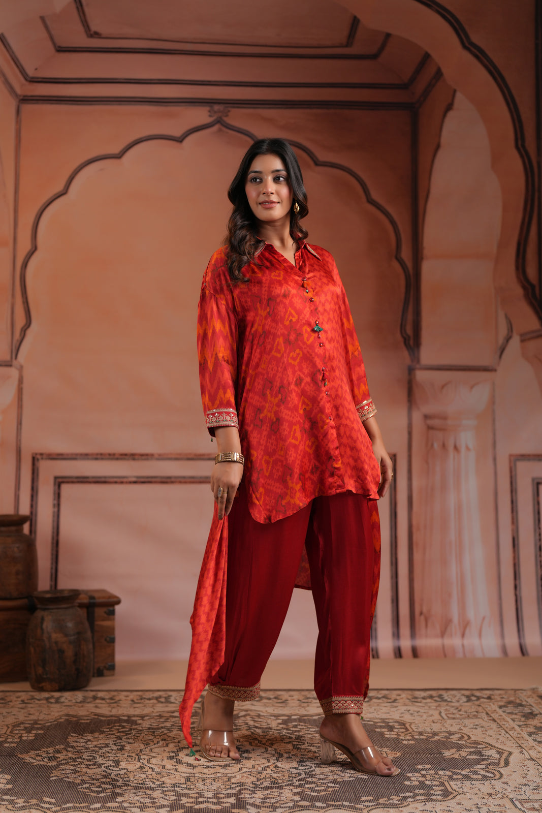 Red Satin Crepe High-Low Collared Printed Shirt And Plain Pant