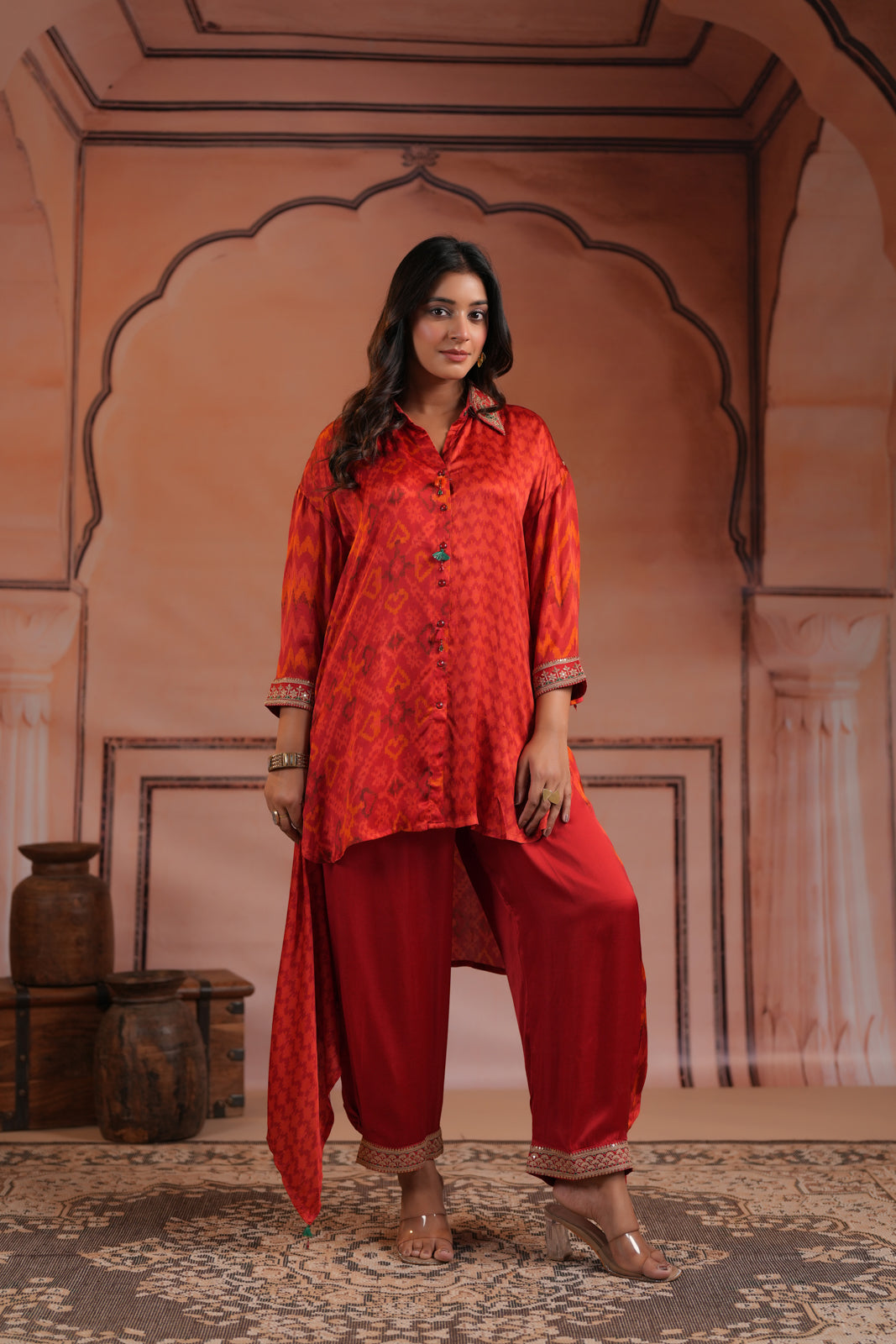 Red Satin Crepe High-Low Collared Printed Shirt And Plain Pant
