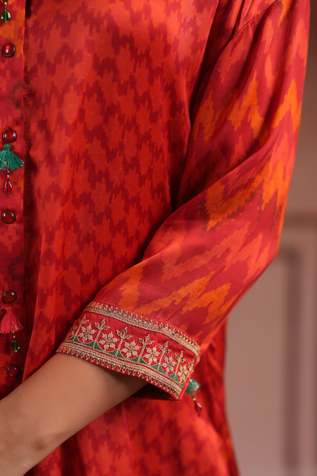 Red Satin Crepe High-Low Collared Printed Shirt And Plain Pant