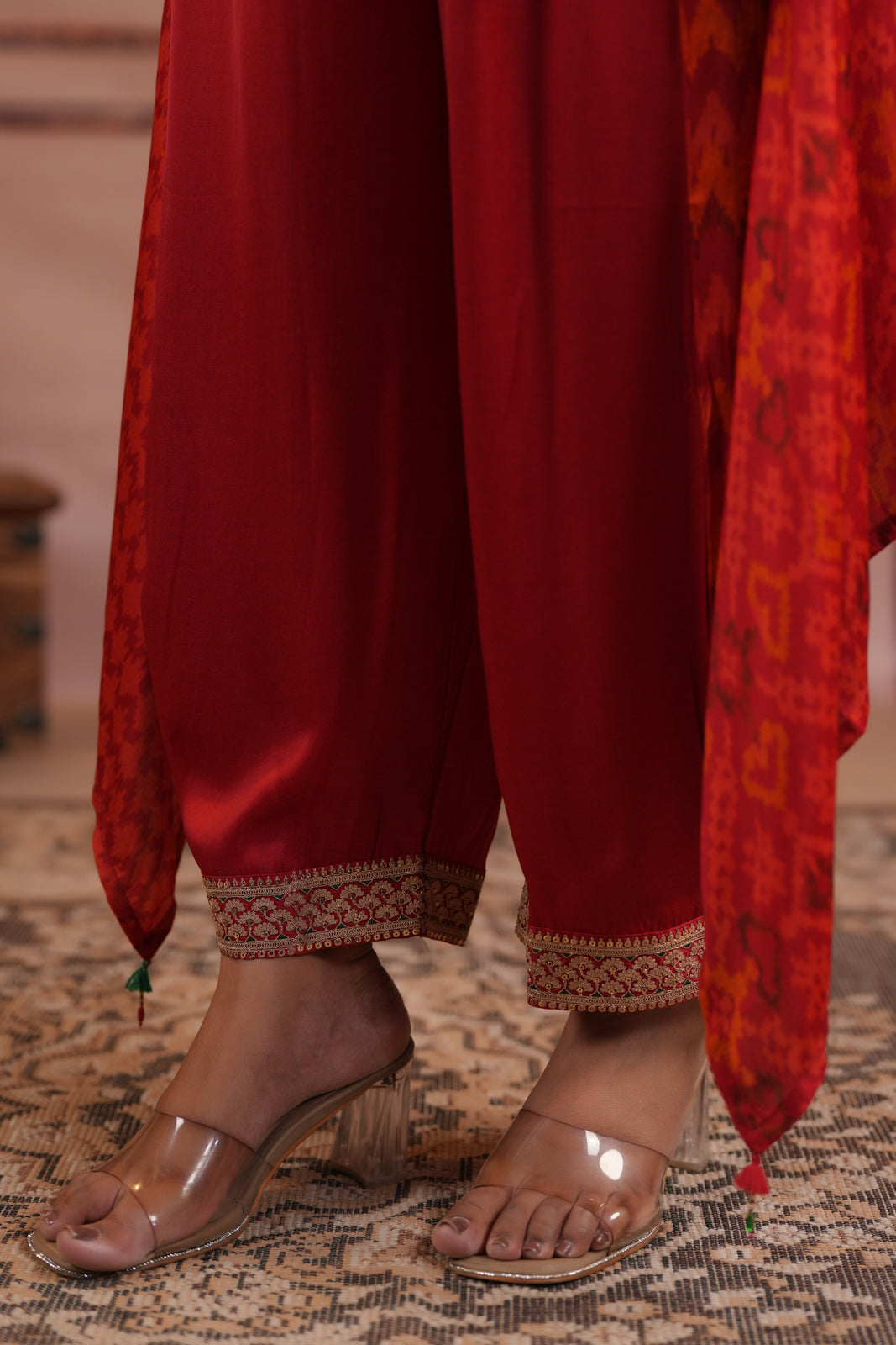 Red Satin Crepe High-Low Collared Printed Shirt And Plain Pant