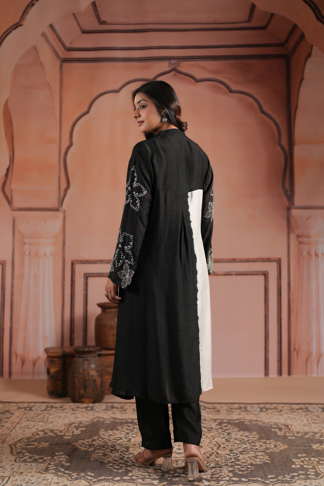 Black & White Raw Silk Embroided A-Line Kurti Set With Straight Cut Pant