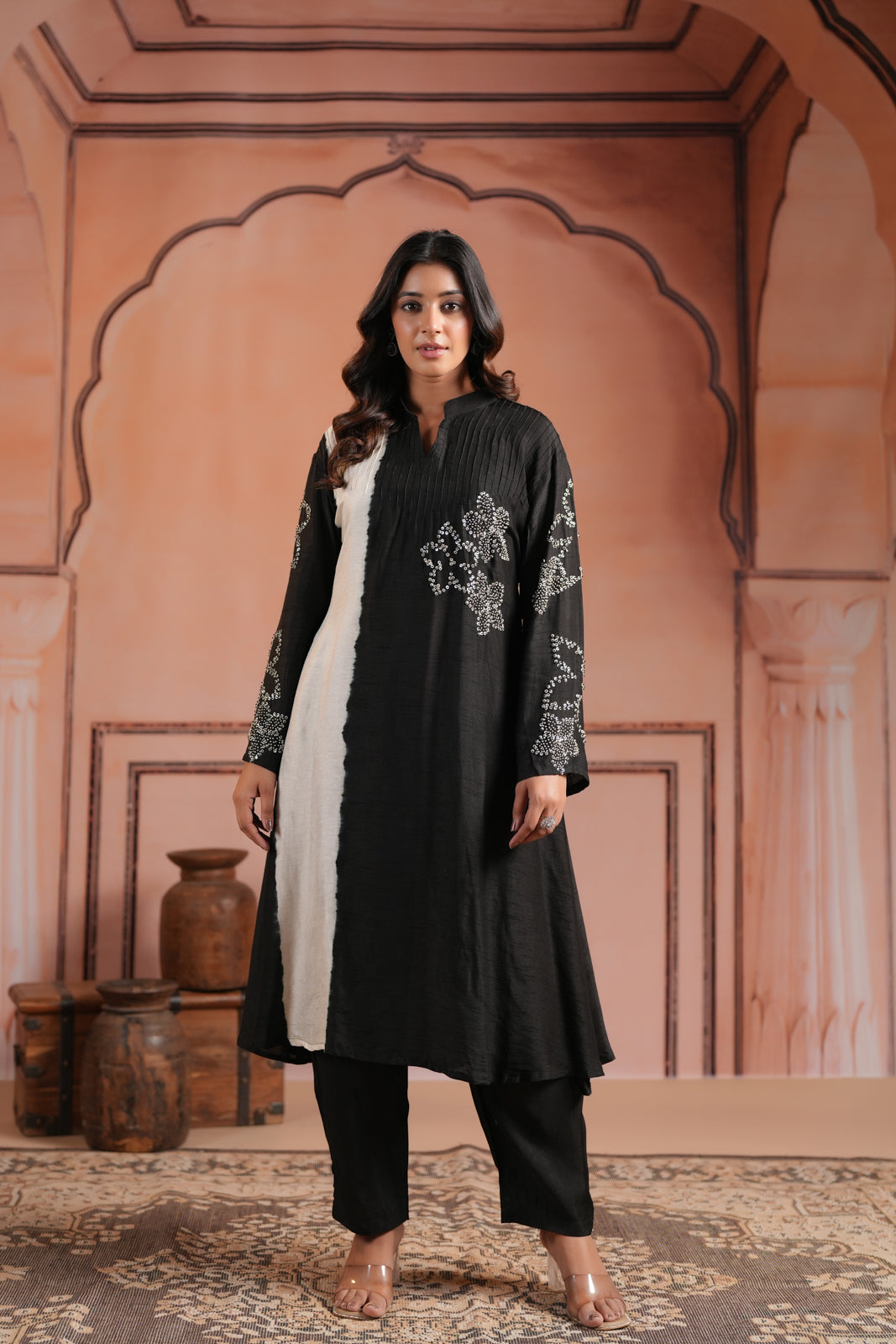 Black & White Raw Silk Embroided A-Line Kurti Set With Straight Cut Pant