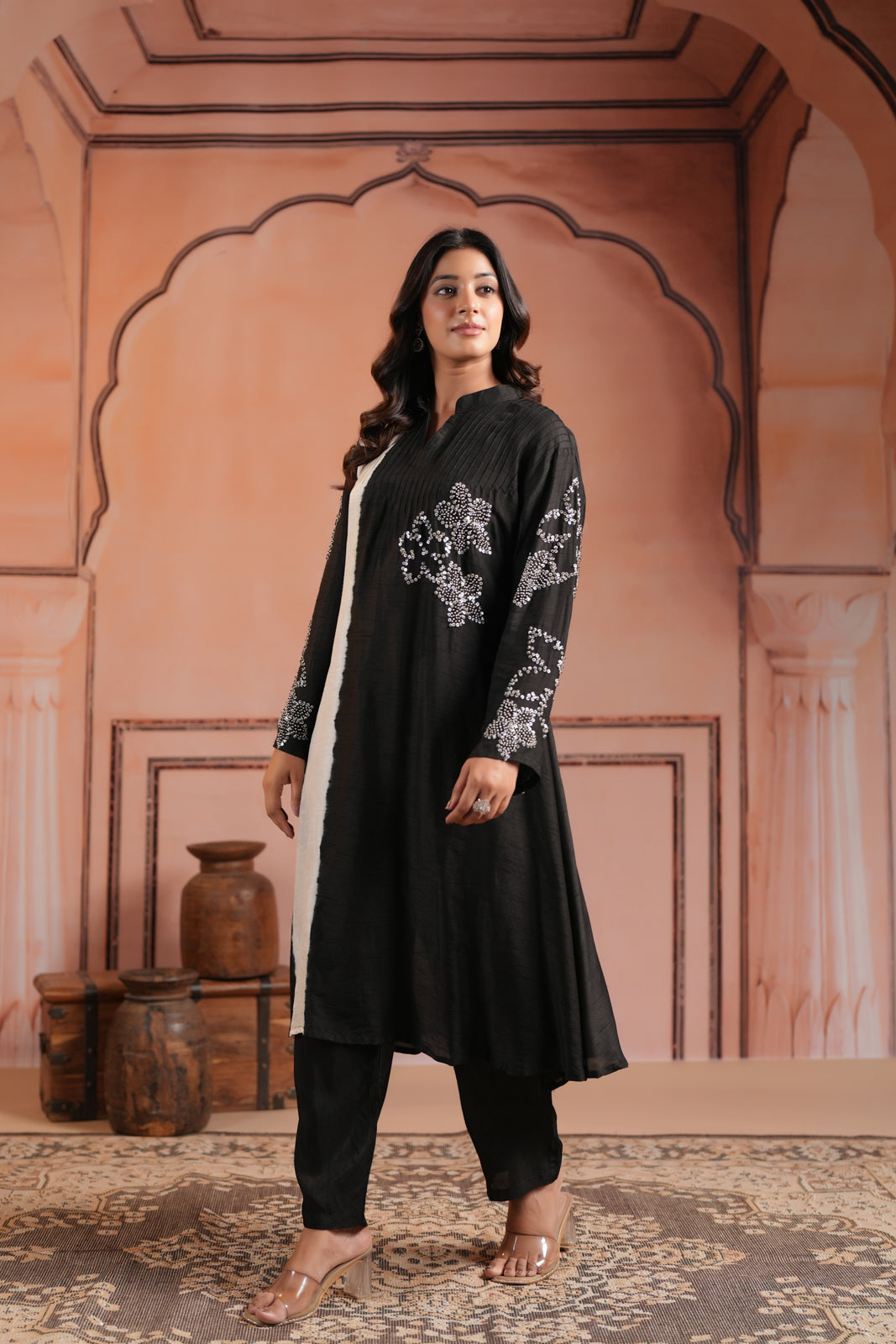 Black & White Raw Silk Embroided A-Line Kurti Set With Straight Cut Pant