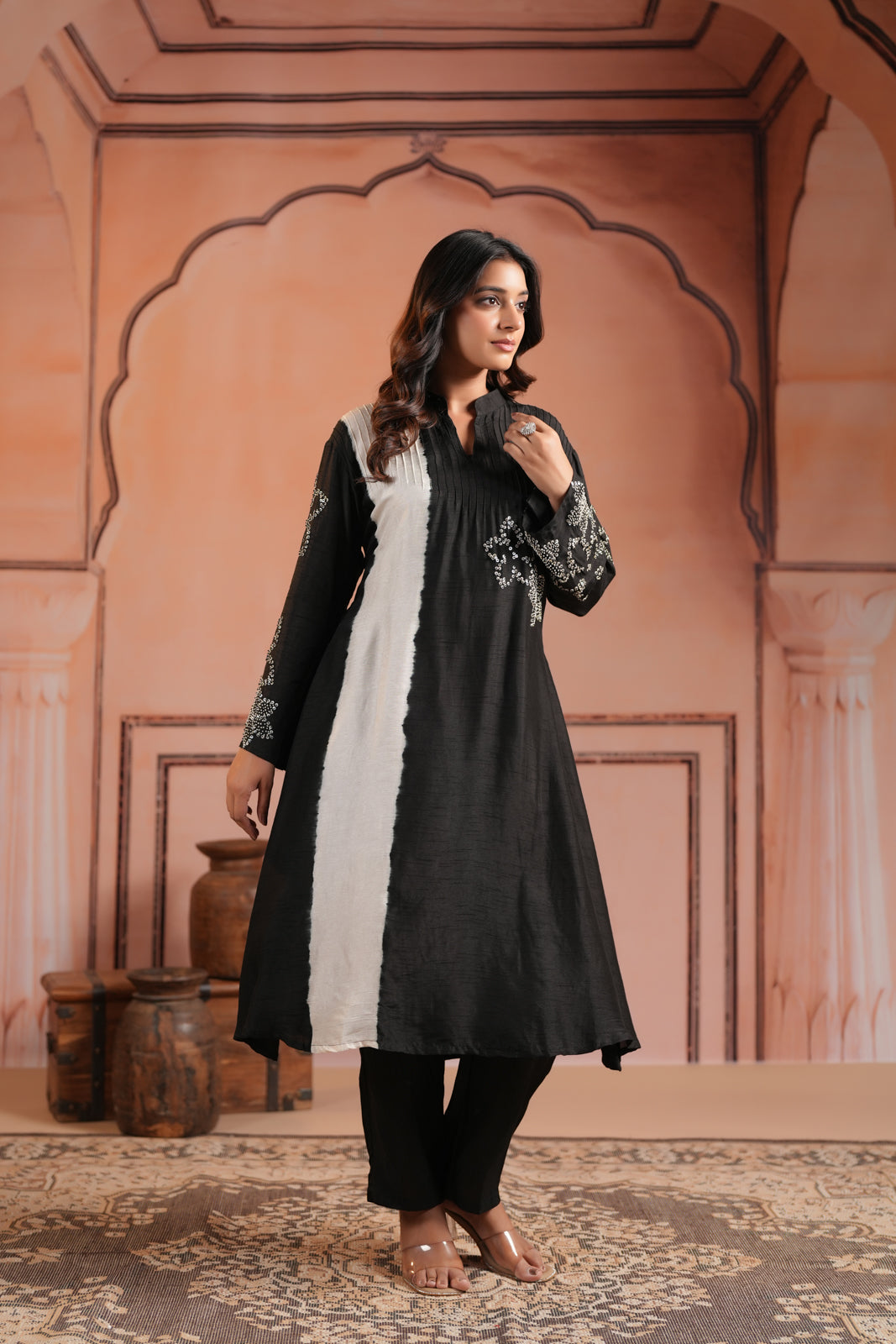 Black & White Raw Silk Embroided A-Line Kurti Set With Straight Cut Pant