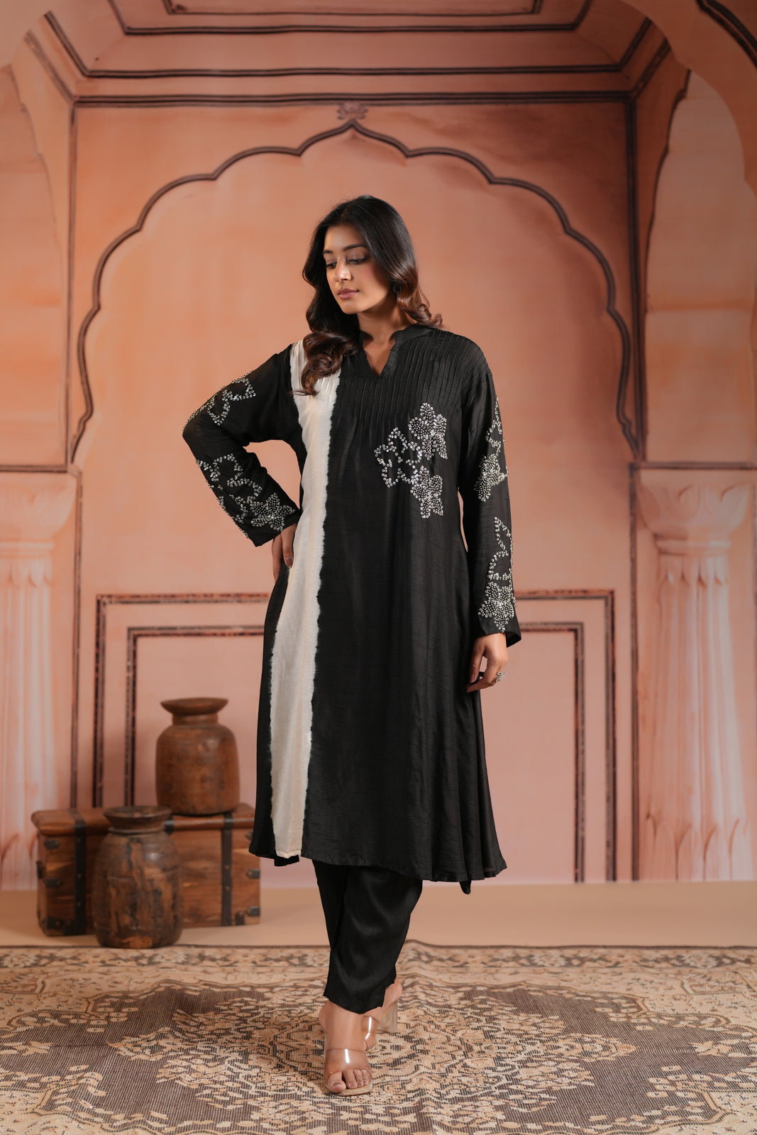 Black & White Raw Silk Embroided A-Line Kurti Set With Straight Cut Pant