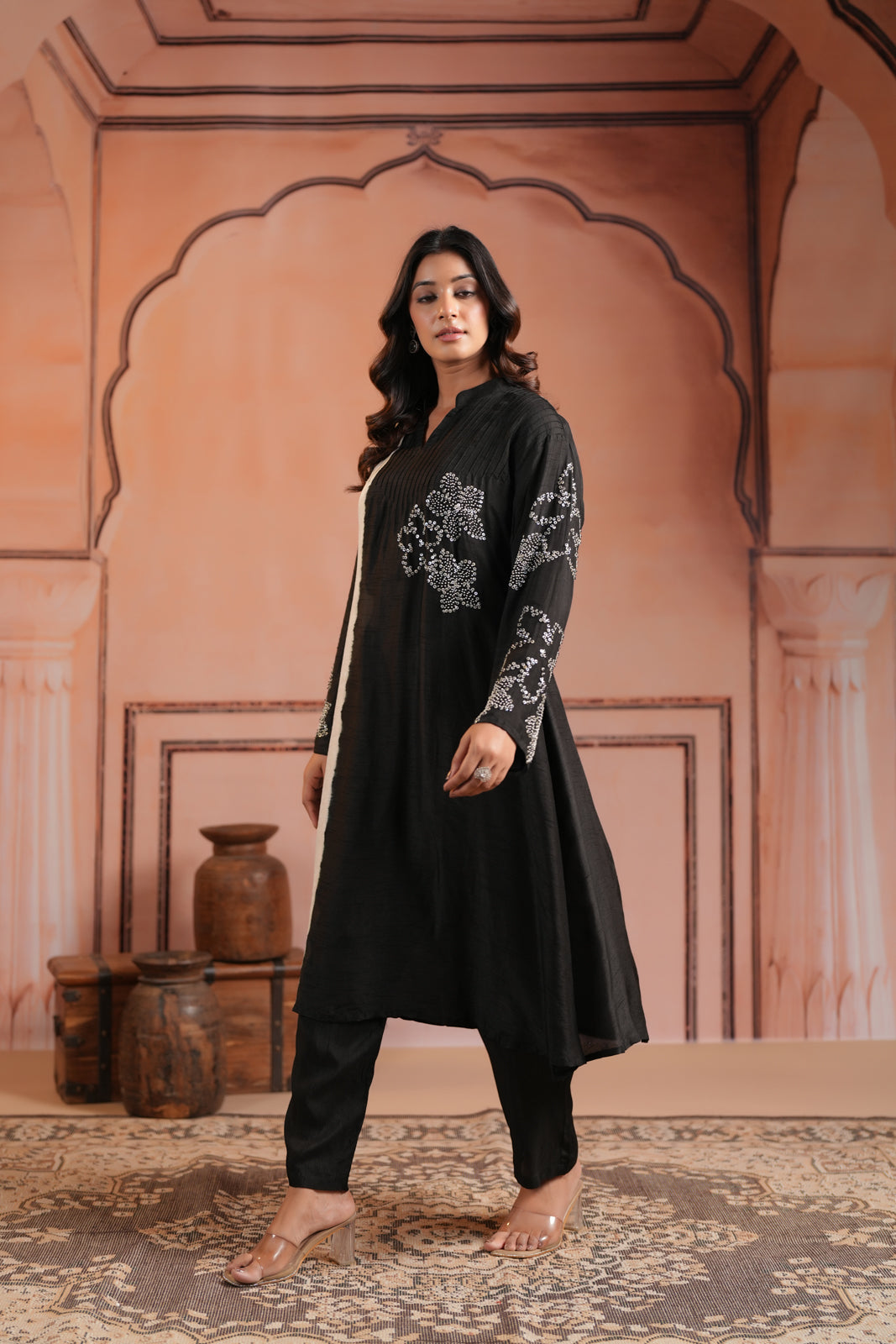 Black & White Raw Silk Embroided A-Line Kurti Set With Straight Cut Pant
