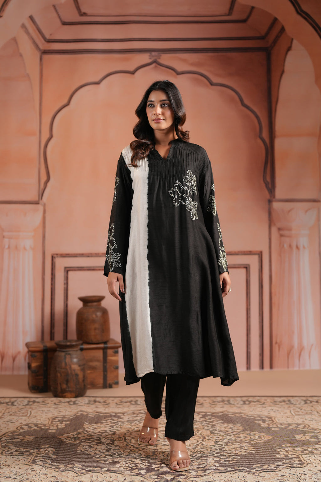 Black & White Raw Silk Embroided A-Line Kurti Set With Straight Cut Pant