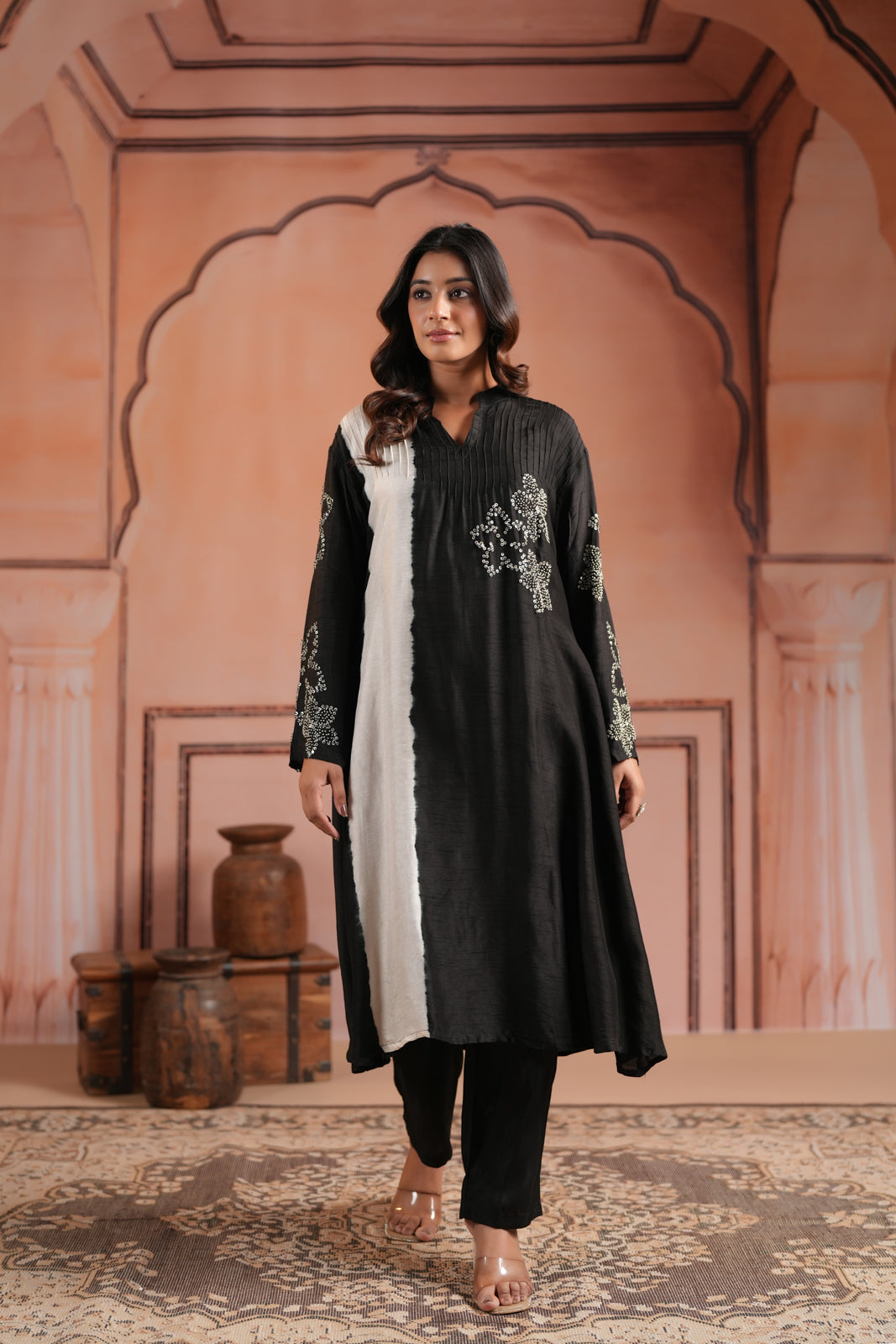 Black & White Raw Silk Embroided A-Line Kurti Set With Straight Cut Pant