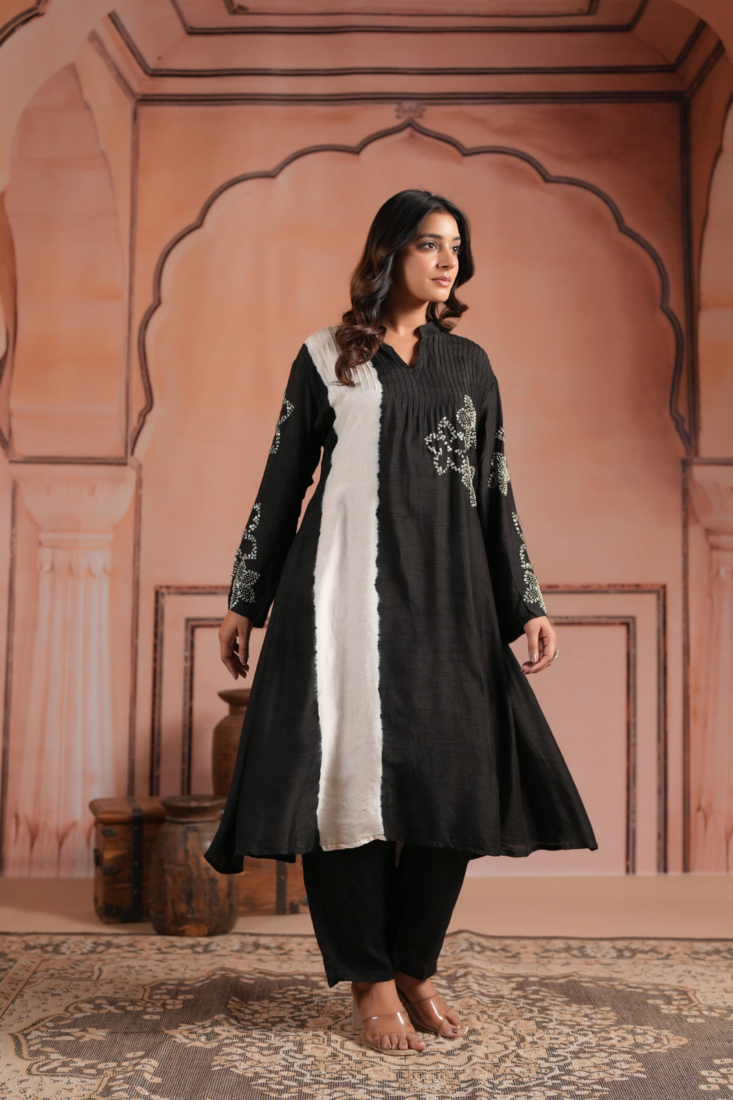 Black & White Raw Silk Embroided A-Line Kurti Set With Straight Cut Pant