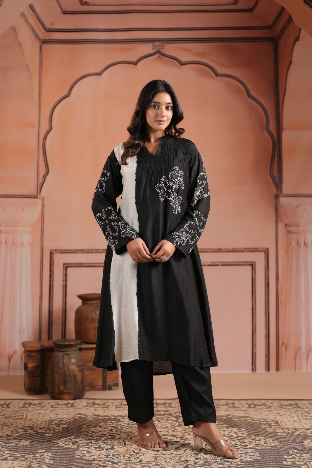 Black & White Raw Silk Embroided A-Line Kurti Set With Straight Cut Pant