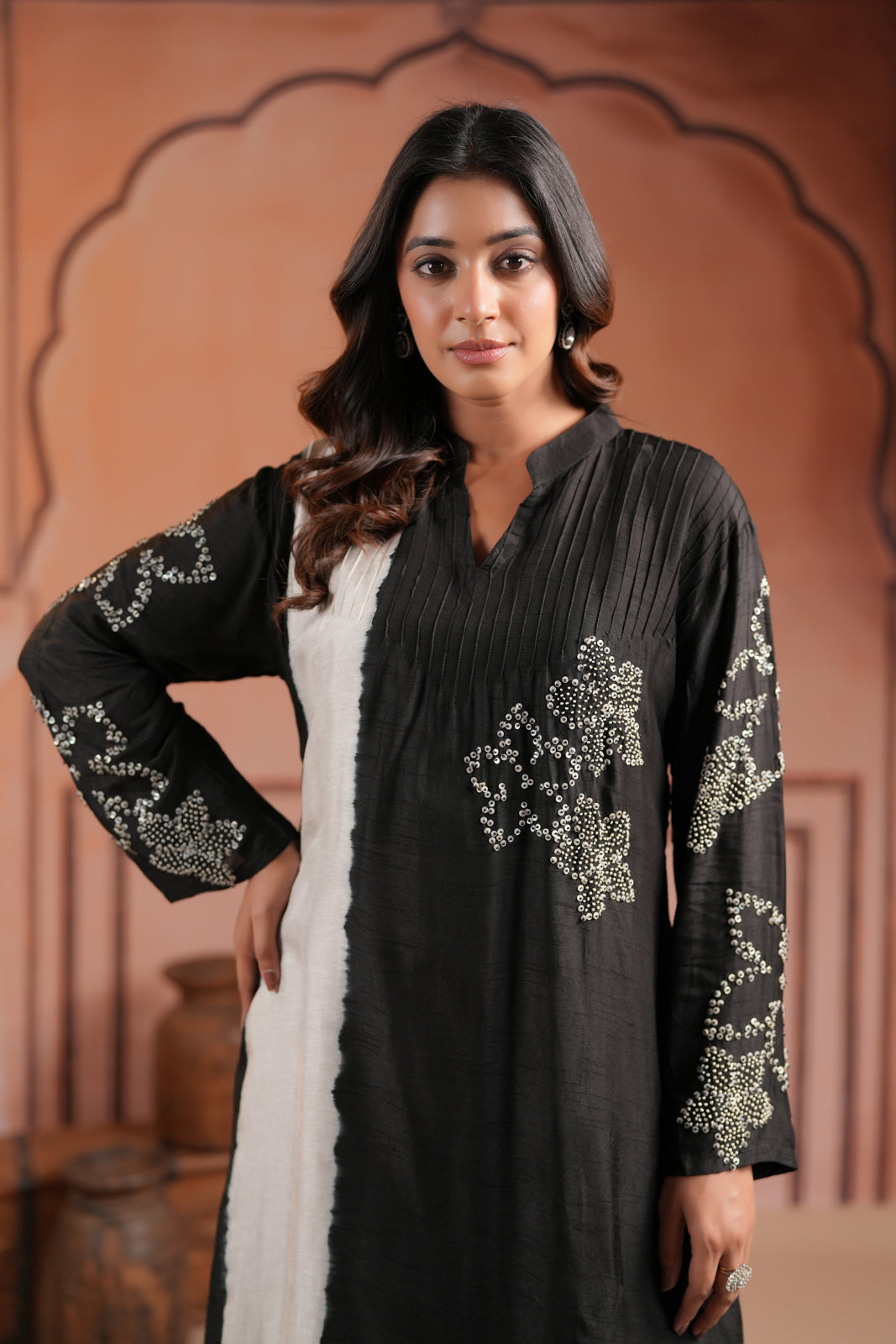 Black & White Raw Silk Embroided A-Line Kurti Set With Straight Cut Pant