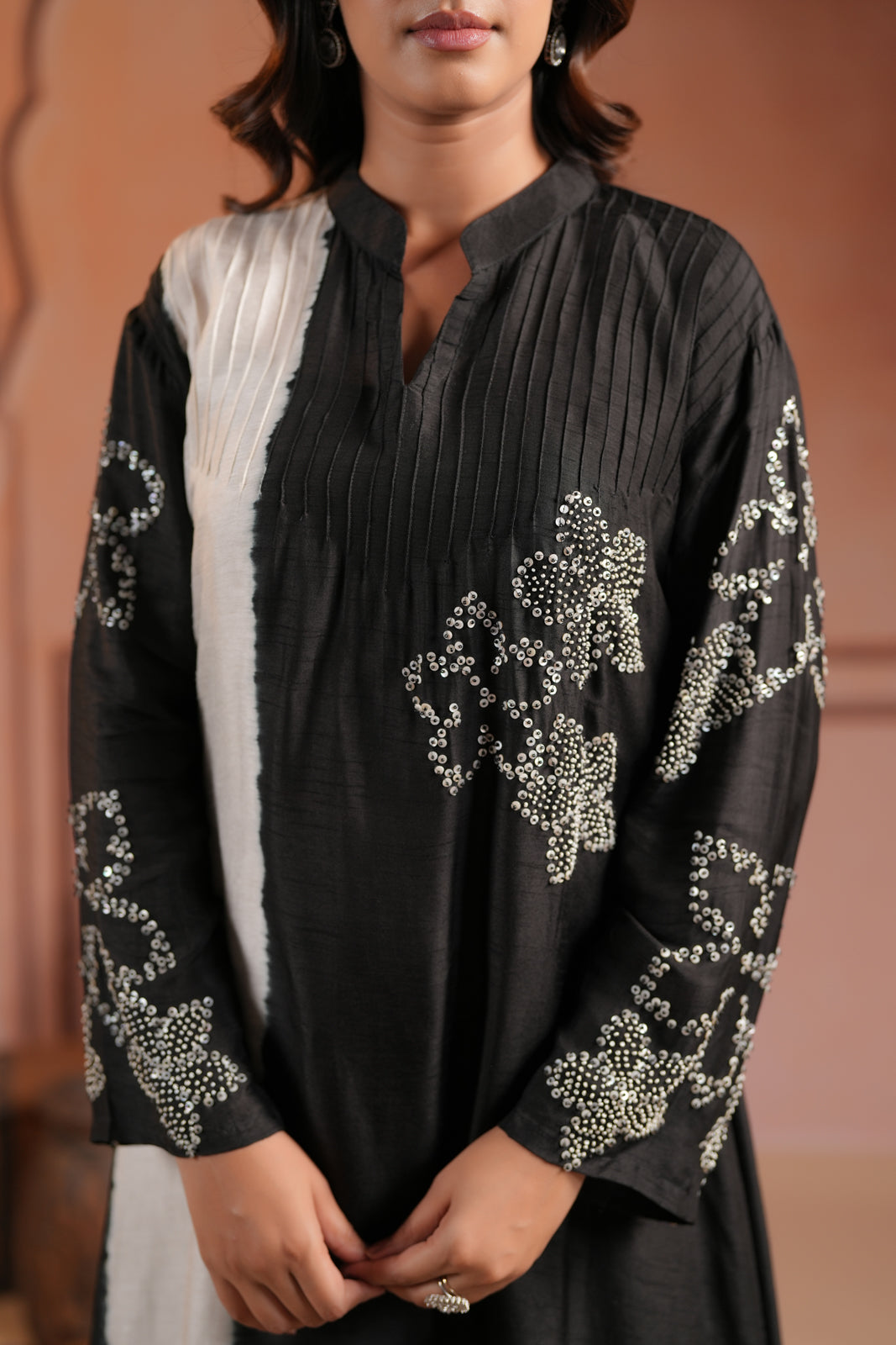 Black & White Raw Silk Embroided A-Line Kurti Set With Straight Cut Pant
