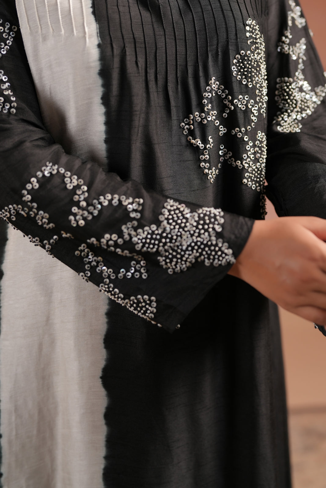 Black & White Raw Silk Embroided A-Line Kurti Set With Straight Cut Pant