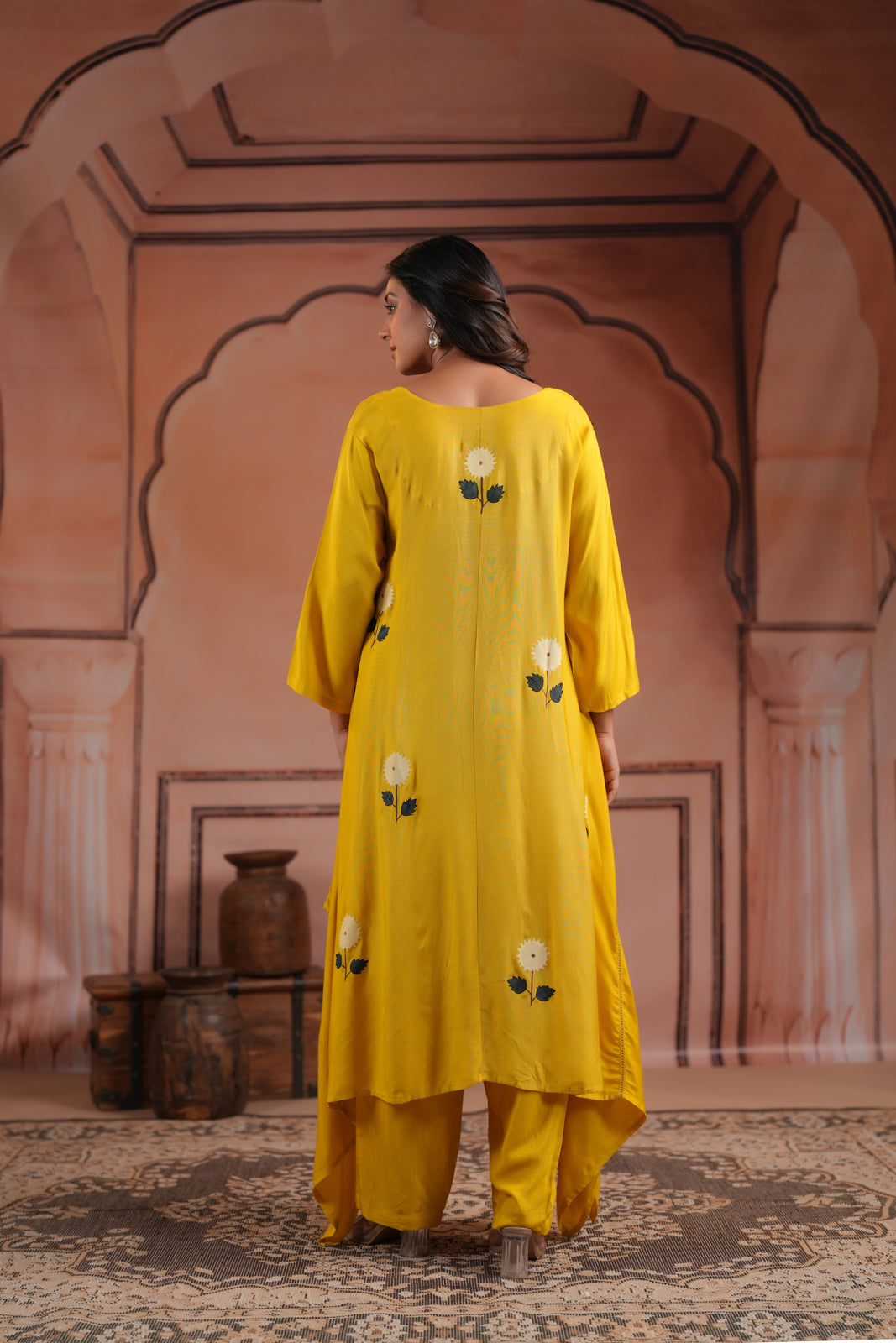 Mustard Yellow Crepe Anarkali Top With Floral Motif And Straight Cut Pant