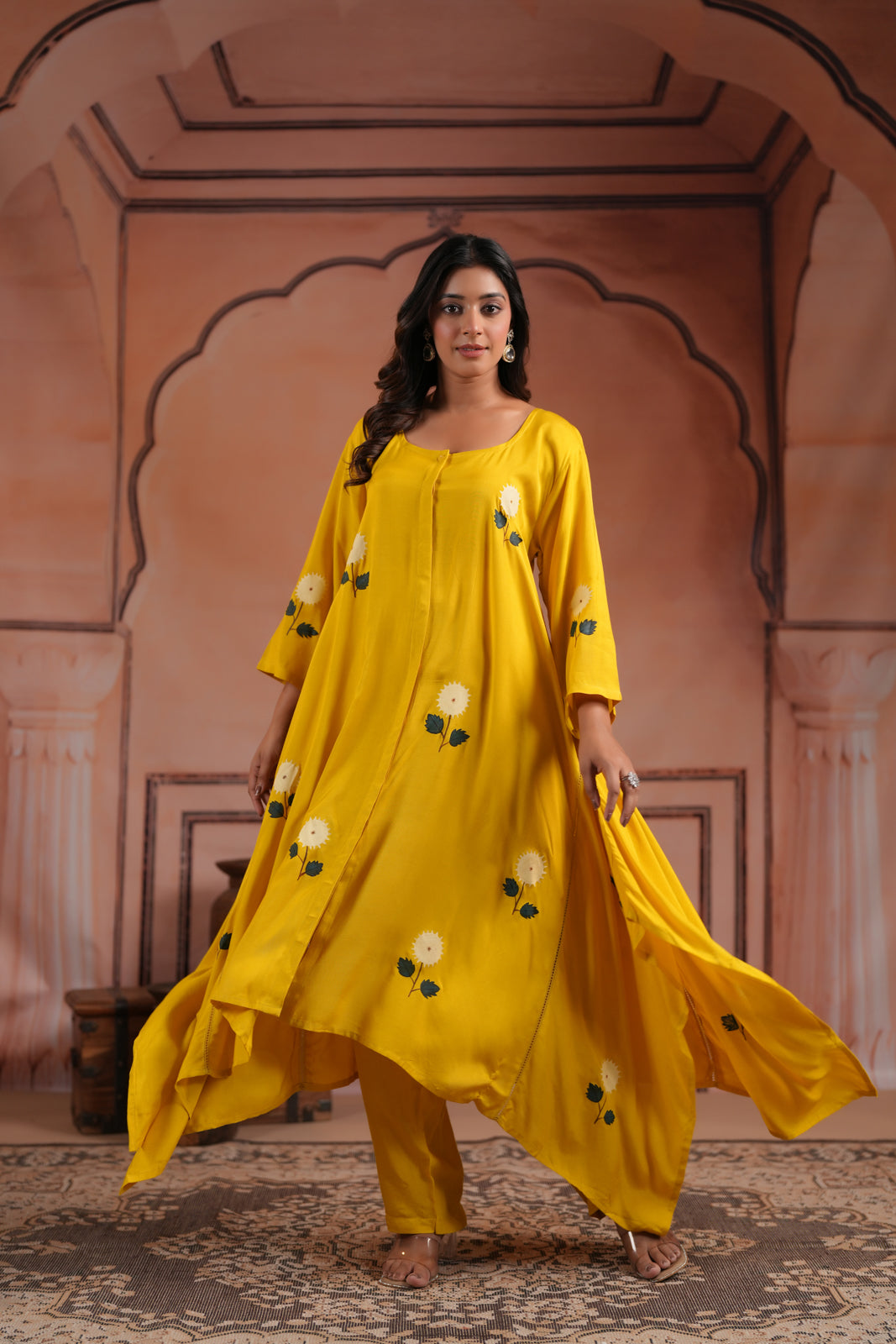 Mustard Yellow Crepe Anarkali Top With Floral Motif And Straight Cut Pant