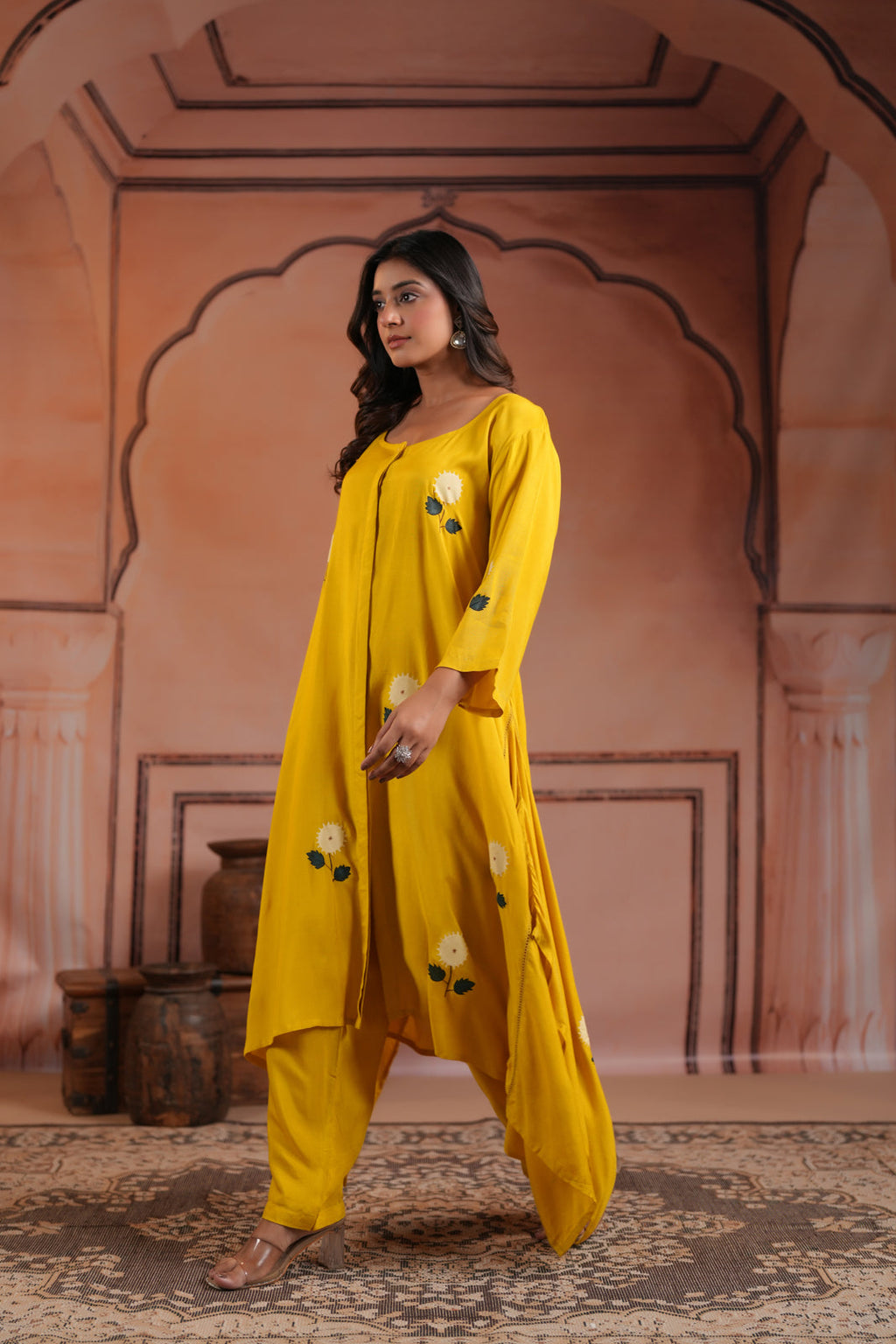 Mustard Yellow Crepe Anarkali Top With Floral Motif And Straight Cut Pant