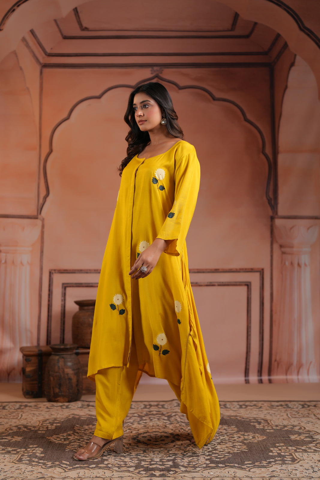 Mustard Yellow Crepe Anarkali Top With Floral Motif And Straight Cut Pant