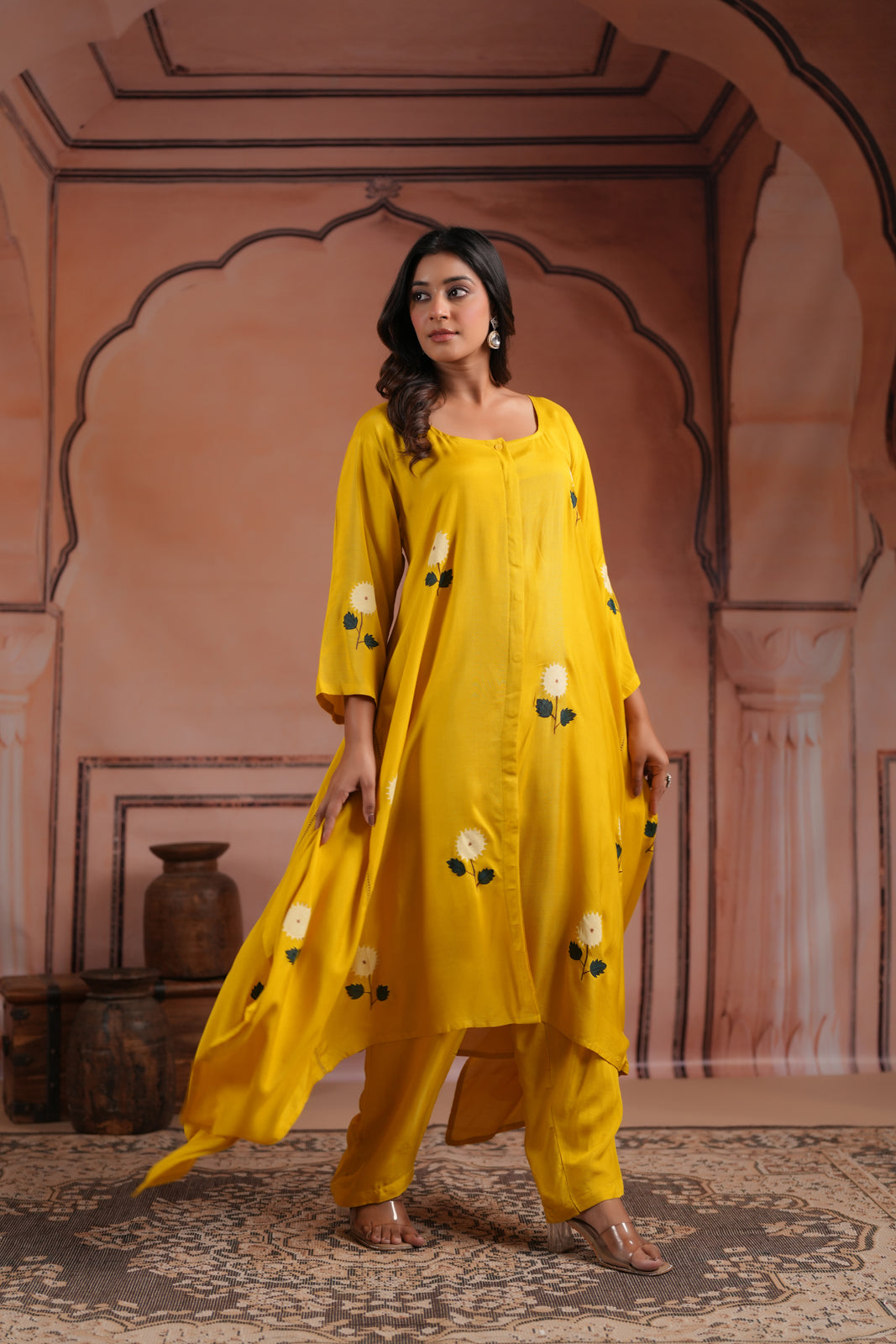 Mustard Yellow Crepe Anarkali Top With Floral Motif And Straight Cut Pant