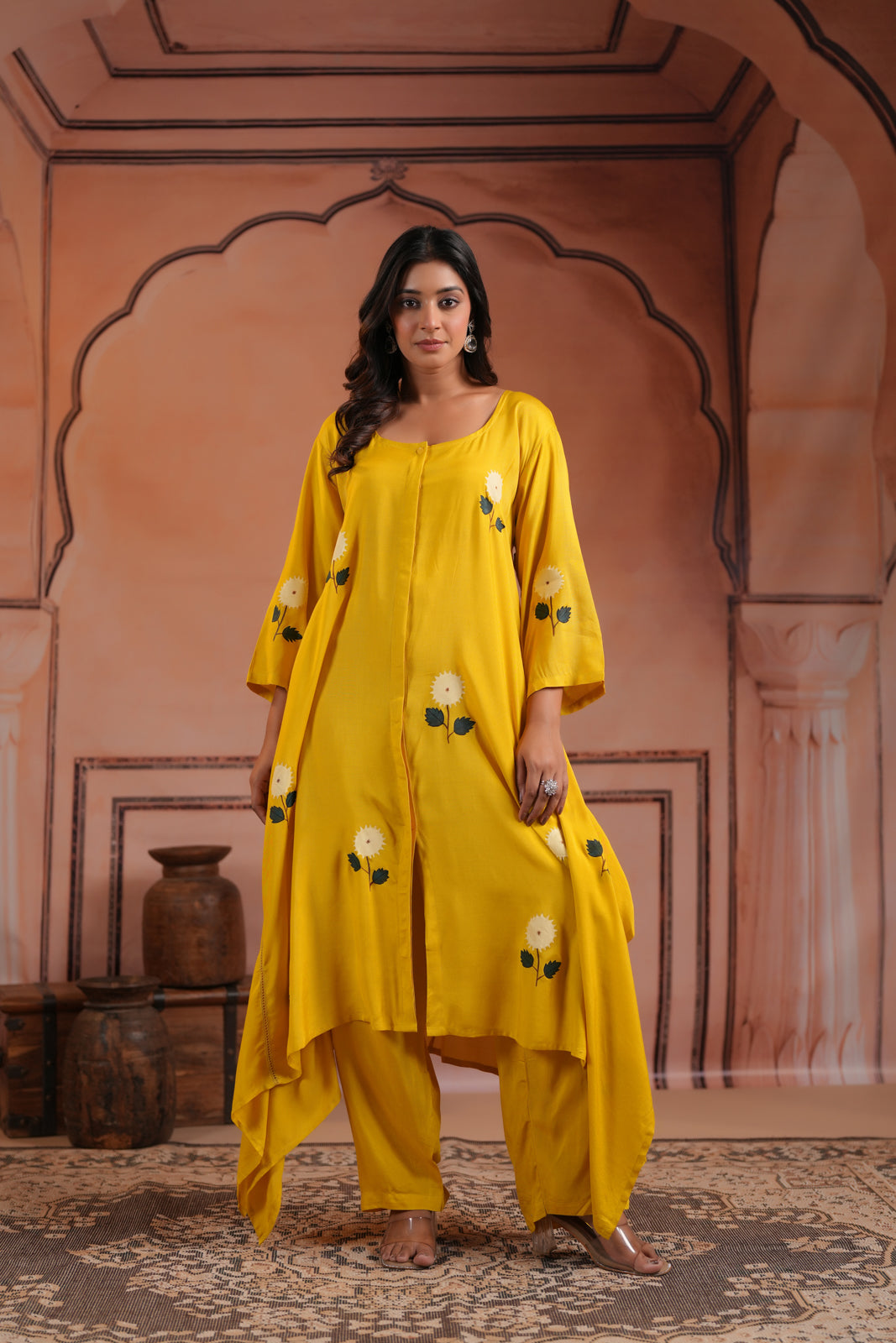 Mustard Yellow Crepe Anarkali Top With Floral Motif And Straight Cut Pant