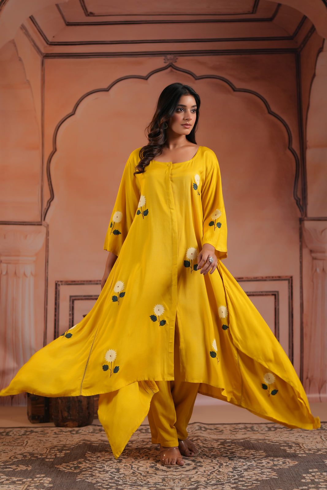 Mustard Yellow Crepe Anarkali Top With Floral Motif And Straight Cut Pant