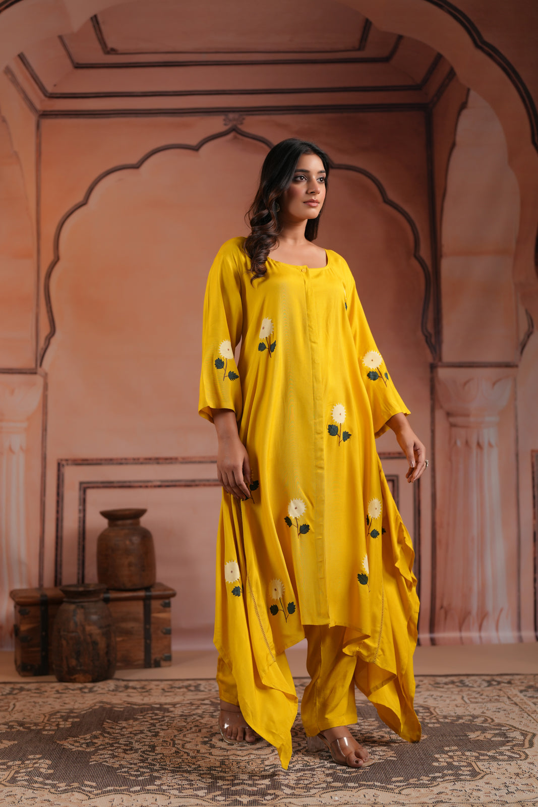 Mustard Yellow Crepe Anarkali Top With Floral Motif And Straight Cut Pant