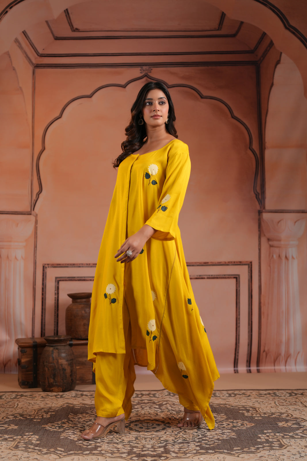 Mustard Yellow Crepe Anarkali Top With Floral Motif And Straight Cut Pant