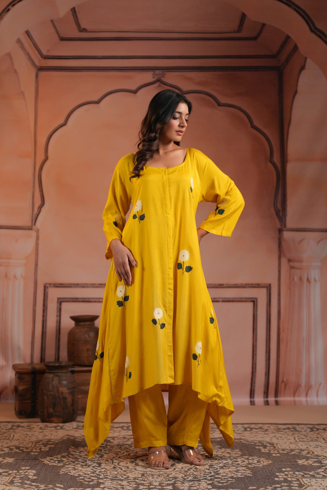 Mustard Yellow Crepe Anarkali Top With Floral Motif And Straight Cut Pant