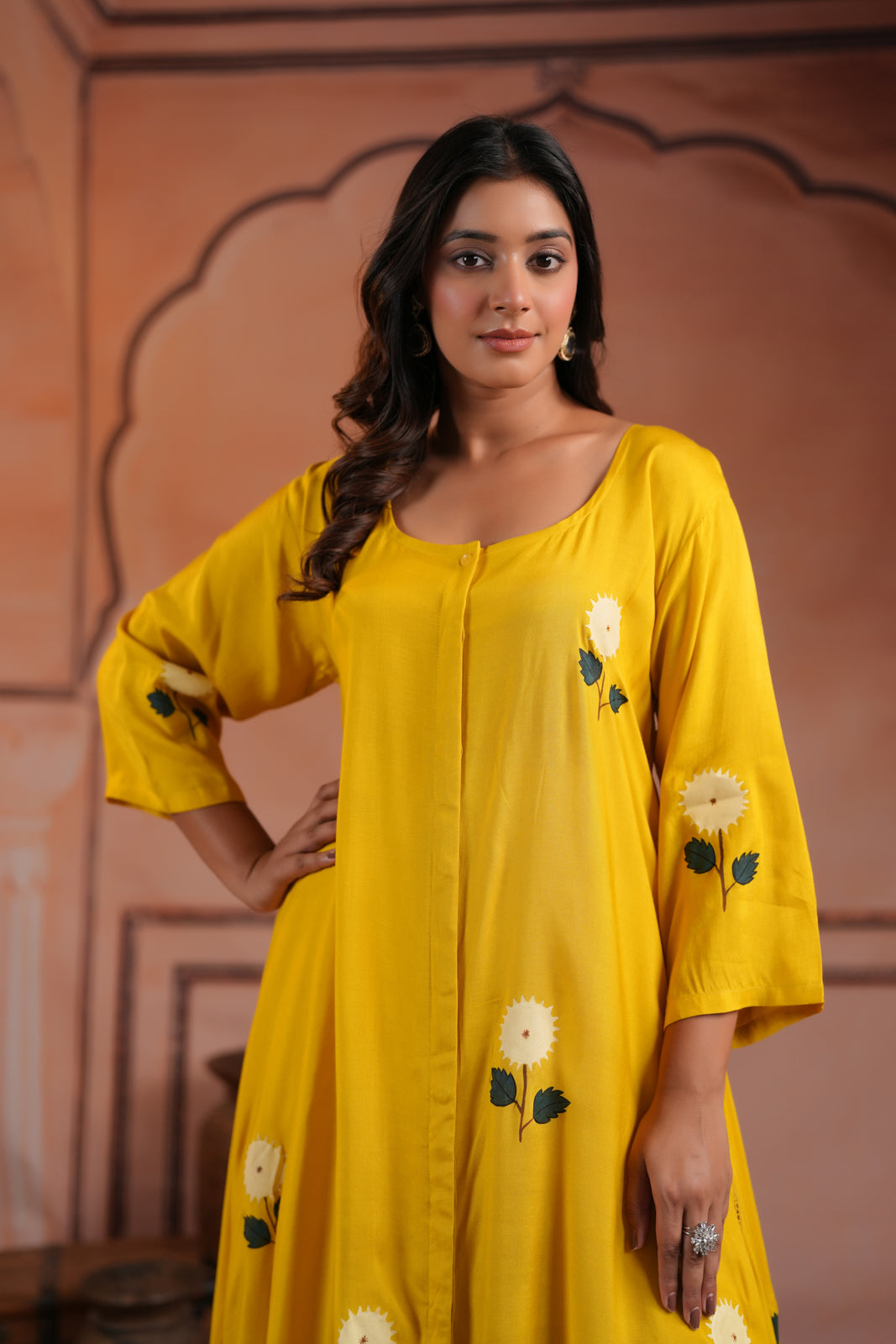 Mustard Yellow Crepe Anarkali Top With Floral Motif And Straight Cut Pant