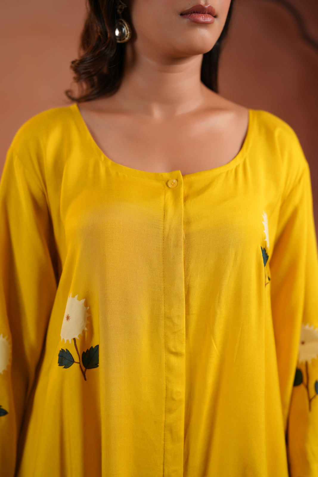 Mustard Yellow Crepe Anarkali Top With Floral Motif And Straight Cut Pant