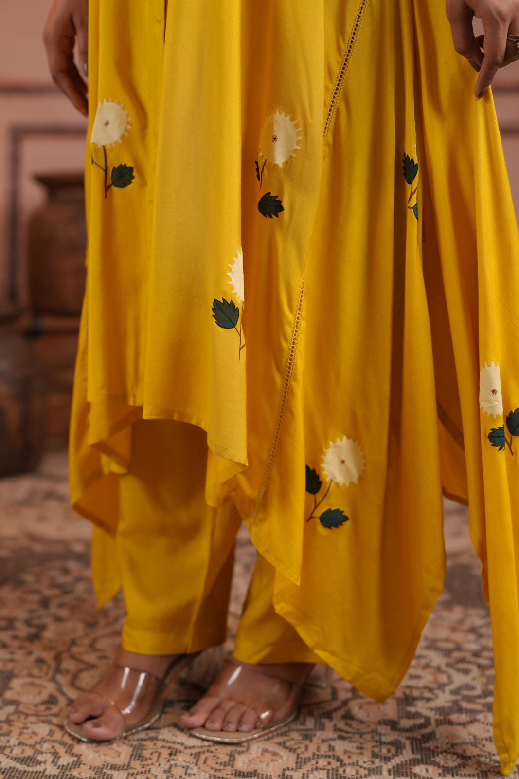 Mustard Yellow Crepe Anarkali Top With Floral Motif And Straight Cut Pant