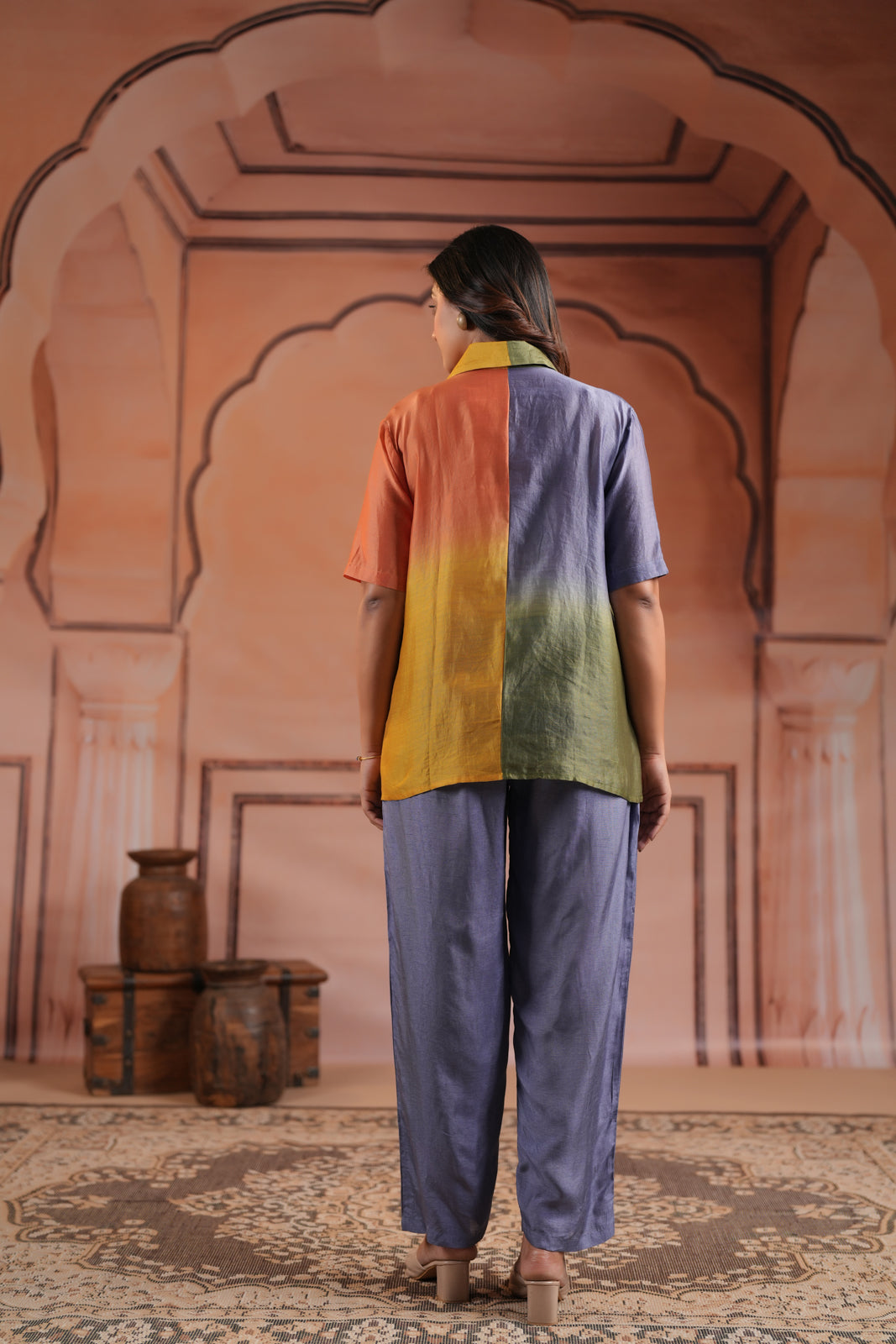 Multi Colour Mul Chanderi Collared Shirt With Grey Straight Cut Pant