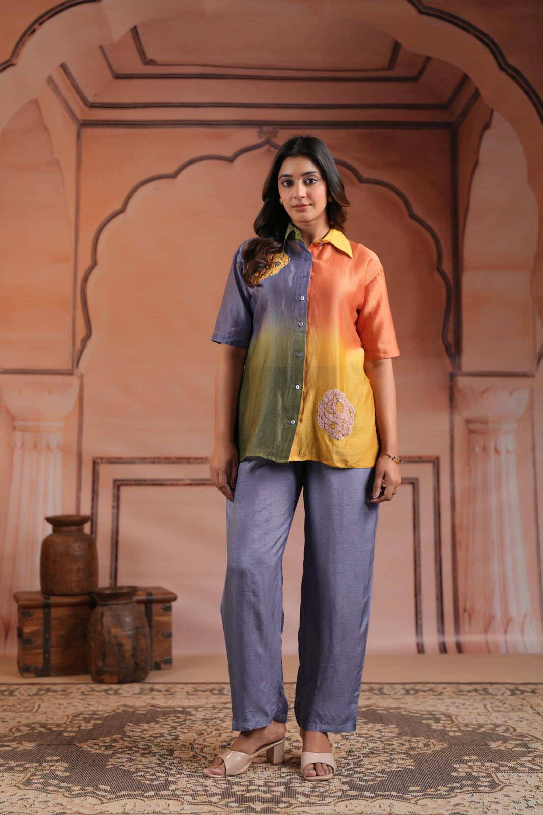 Multi Colour Mul Chanderi Collared Shirt With Grey Straight Cut Pant