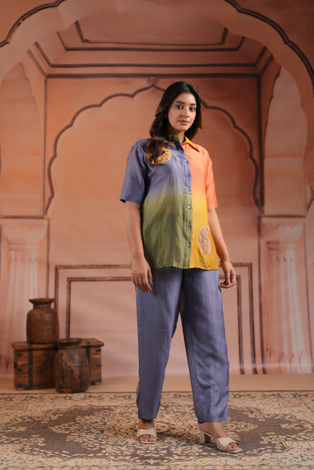 Multi Colour Mul Chanderi Collared Shirt With Grey Straight Cut Pant