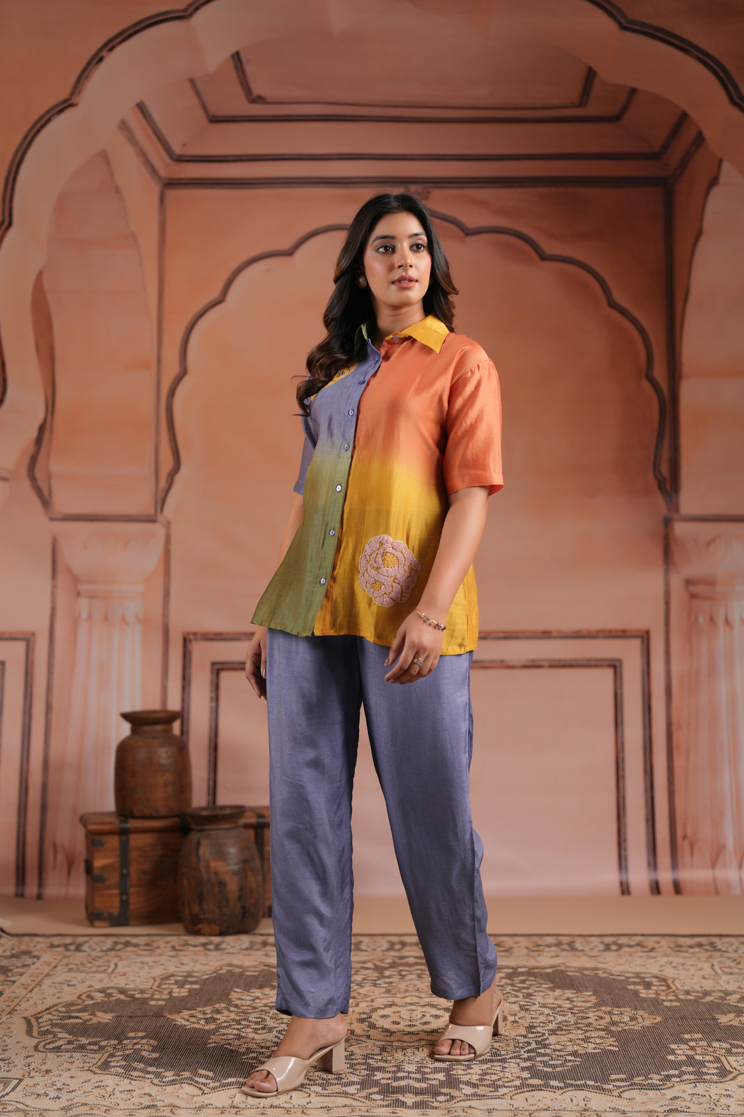 Multi Colour Mul Chanderi Collared Shirt With Grey Straight Cut Pant
