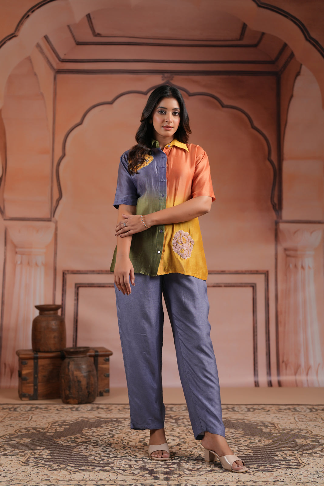 Multi Colour Mul Chanderi Collared Shirt With Grey Straight Cut Pant