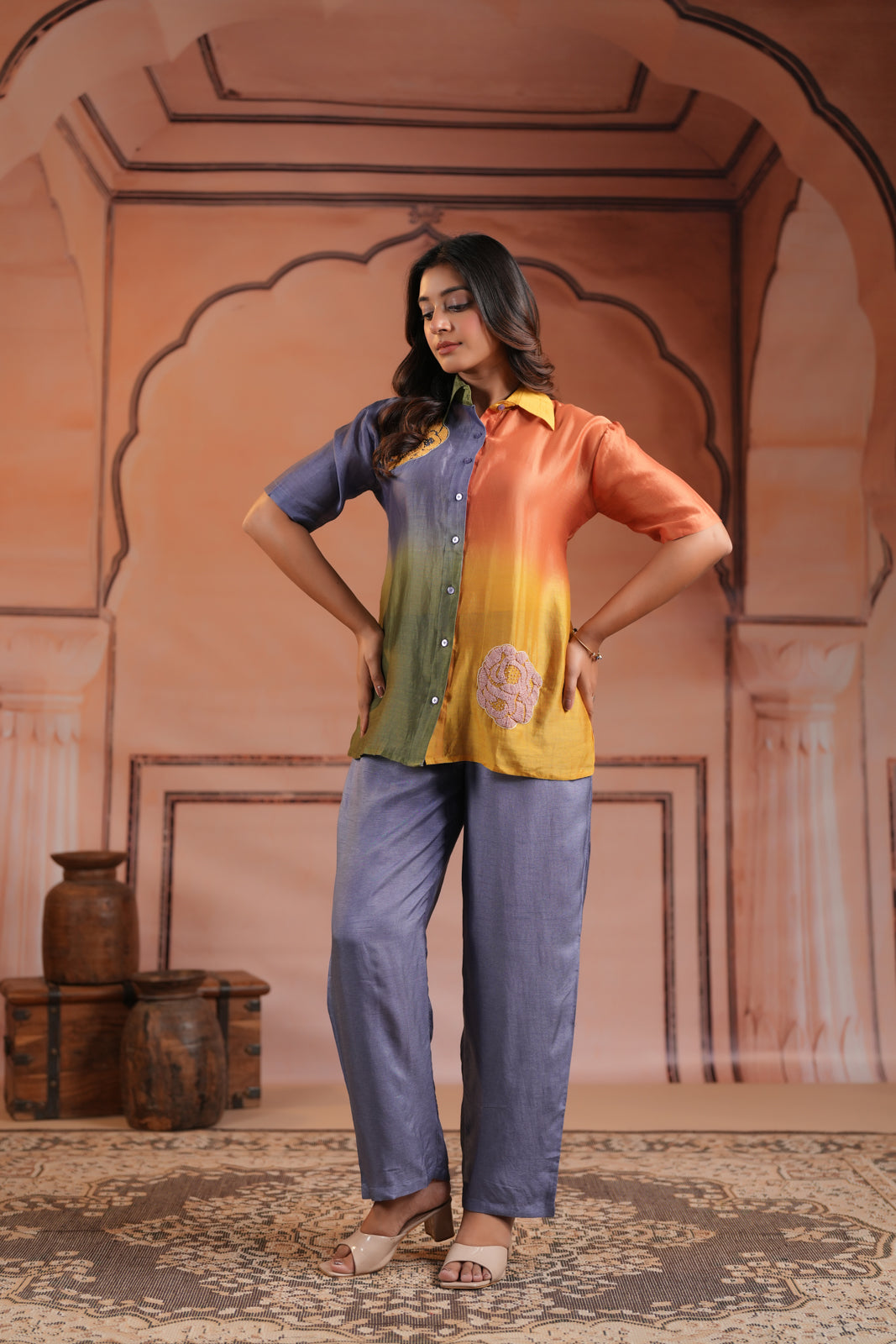 Multi Colour Mul Chanderi Collared Shirt With Grey Straight Cut Pant