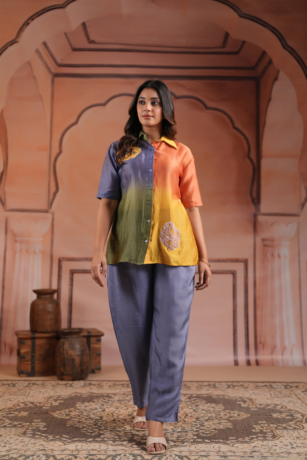 Multi Colour Mul Chanderi Collared Shirt With Grey Straight Cut Pant