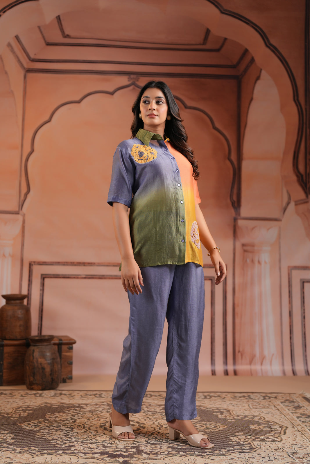Multi Colour Mul Chanderi Collared Shirt With Grey Straight Cut Pant