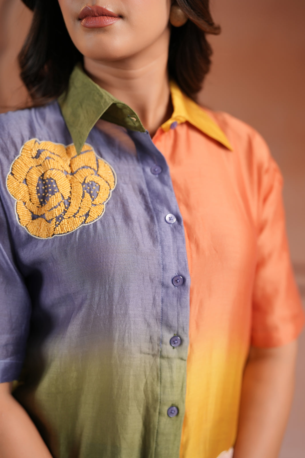 Multi Colour Mul Chanderi Collared Shirt With Grey Straight Cut Pant