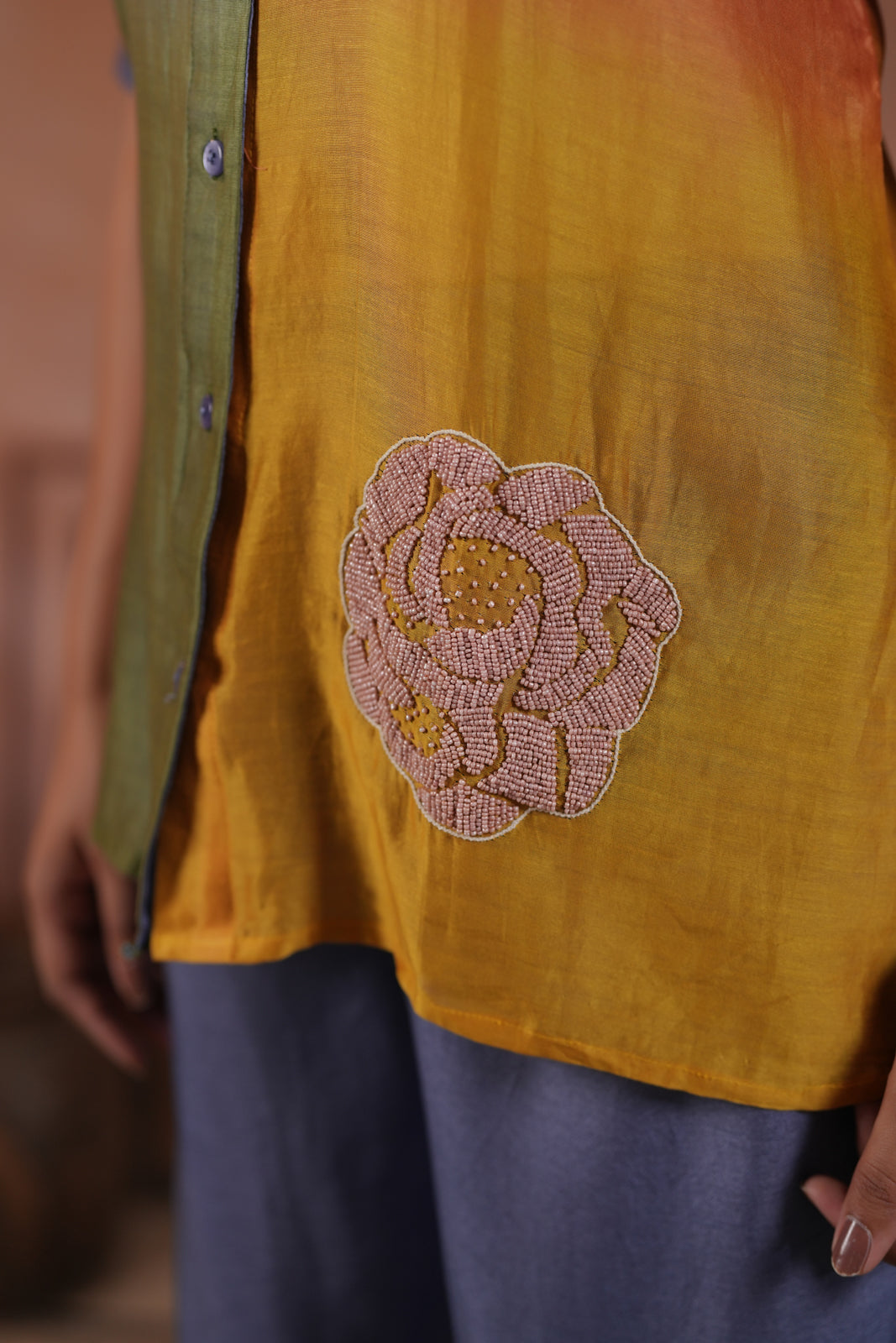 Multi Colour Mul Chanderi Collared Shirt With Grey Straight Cut Pant