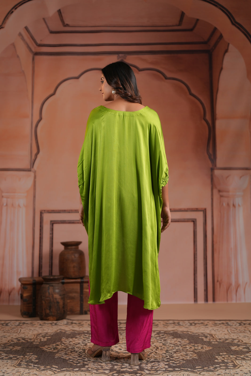 Green & Pink Satin Crepe Tie-Dye Kaftan Set