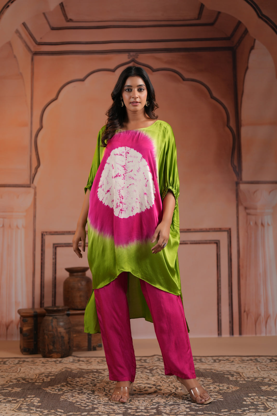 Green & Pink Satin Crepe Tie-Dye Kaftan Set