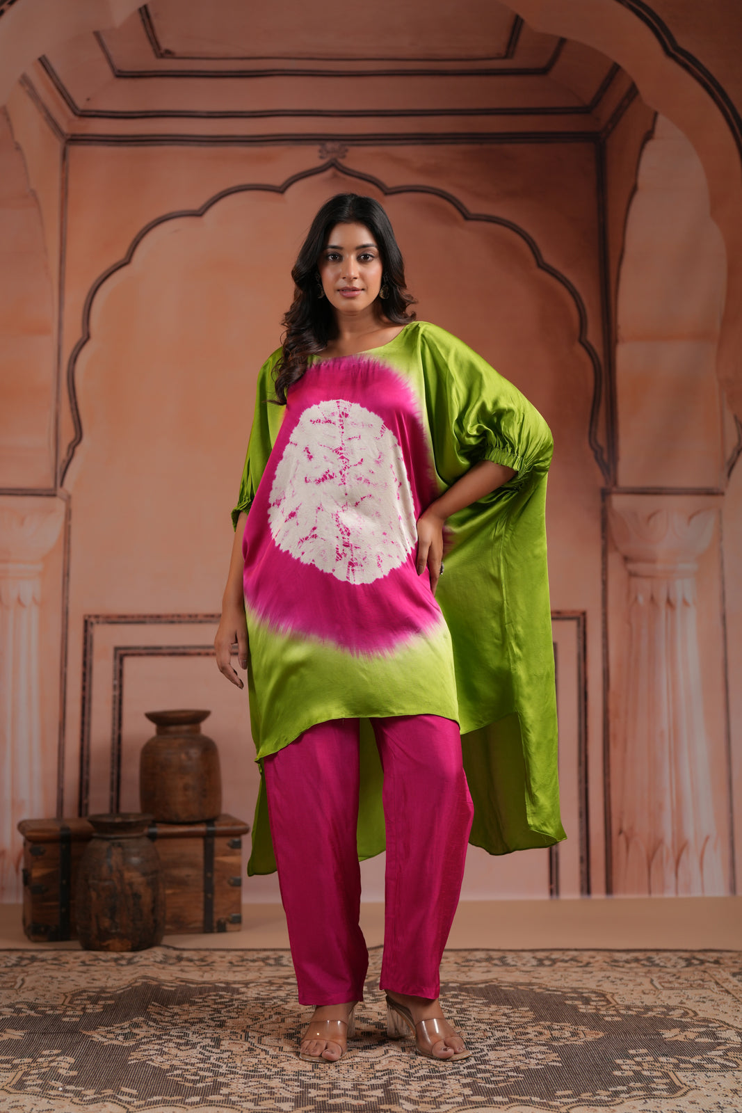 Green & Pink Satin Crepe Tie-Dye Kaftan Set