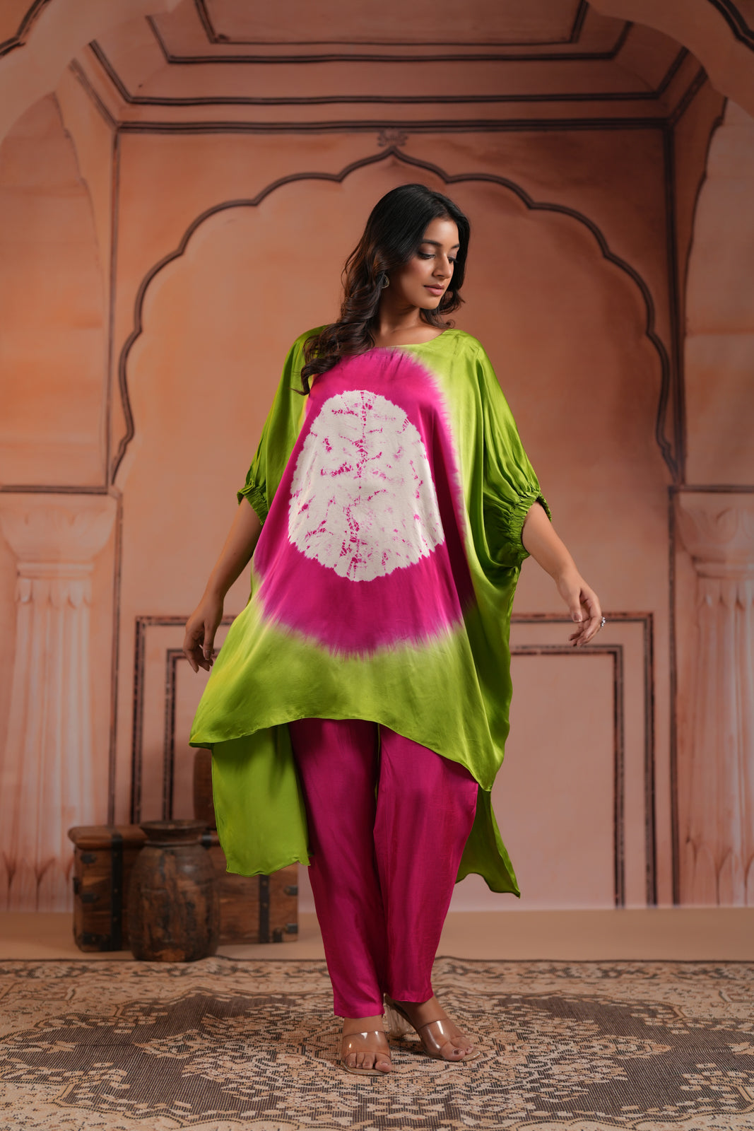 Green & Pink Satin Crepe Tie-Dye Kaftan Set