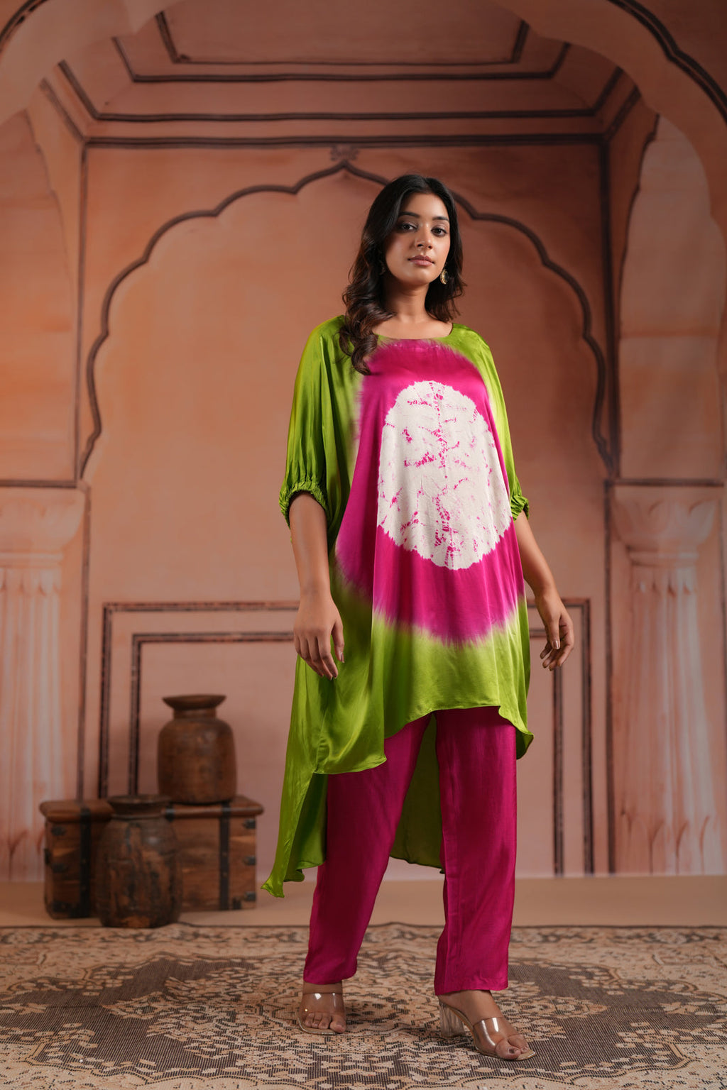 Green & Pink Satin Crepe Tie-Dye Kaftan Set