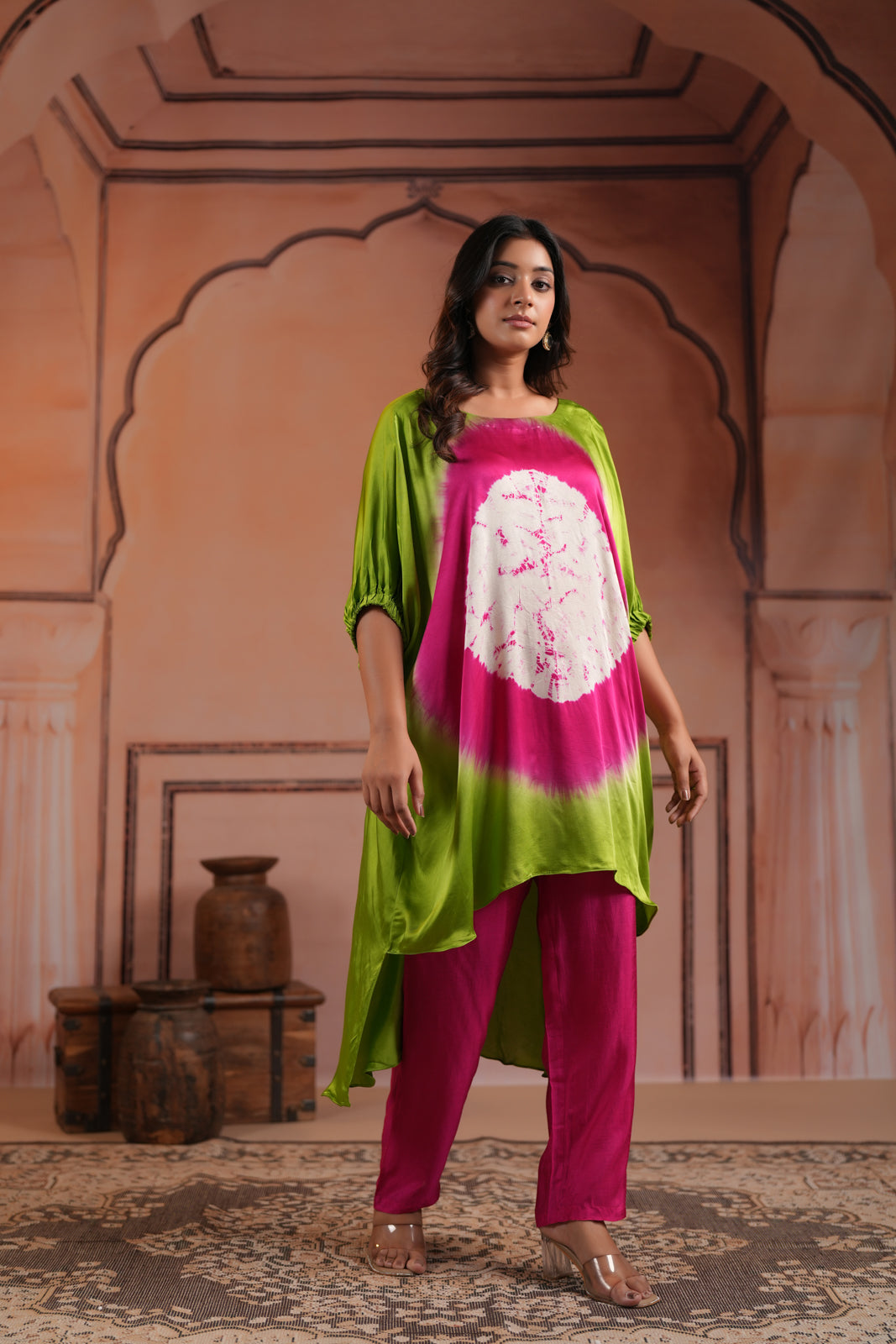 Green & Pink Satin Crepe Tie-Dye Kaftan Set