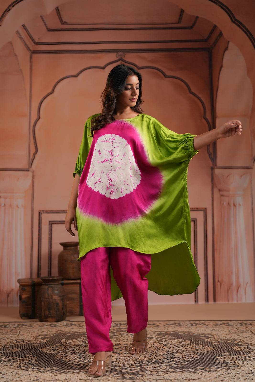 Green & Pink Satin Crepe Tie-Dye Kaftan Set